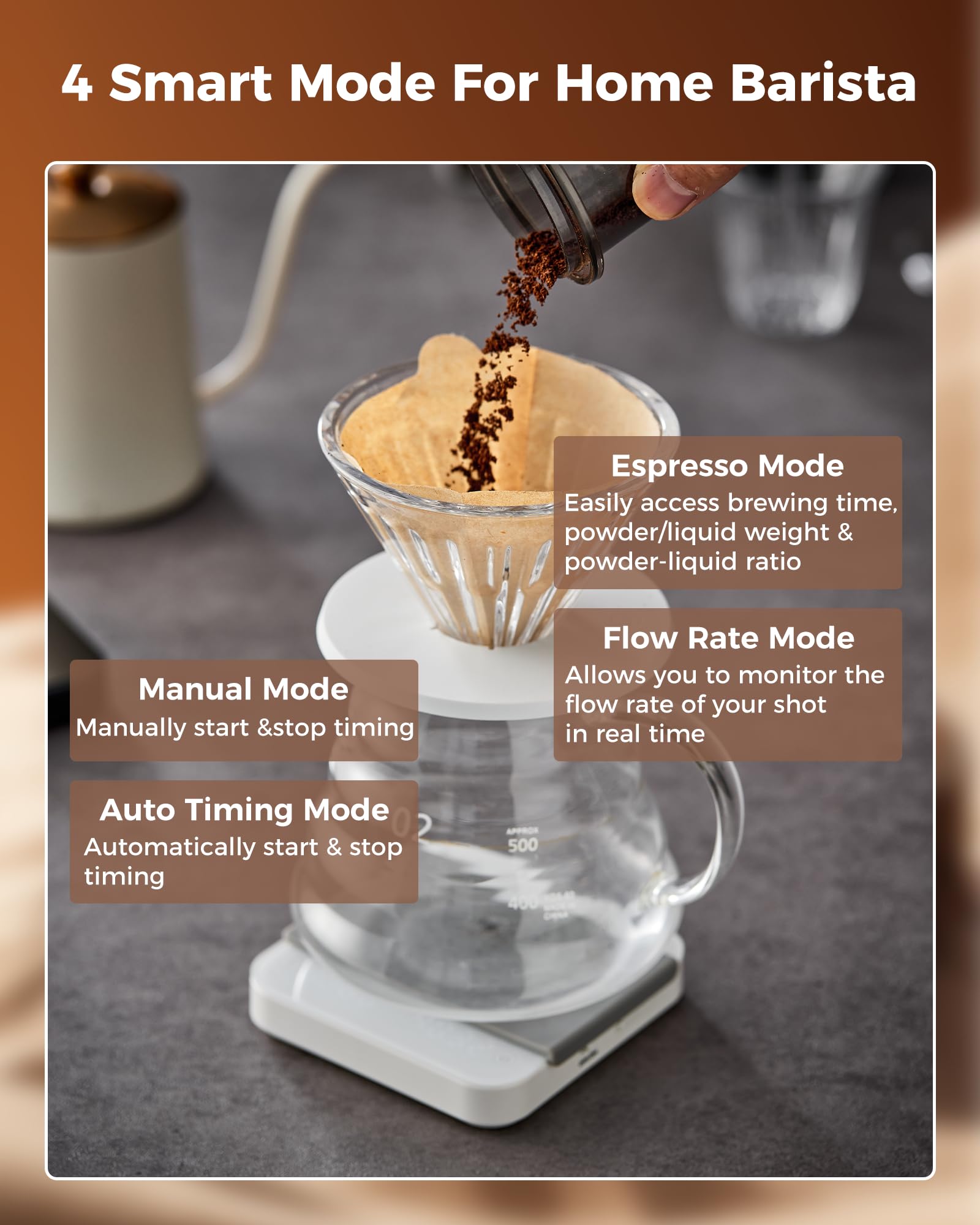 Tuni Báscula de café con sincronización automática, báscula digital recargable para expreso, escala precisa de 2 kg/0,1 g para café expreso y café vertido, medidas en g/oz/ml, relación polvo/agua,