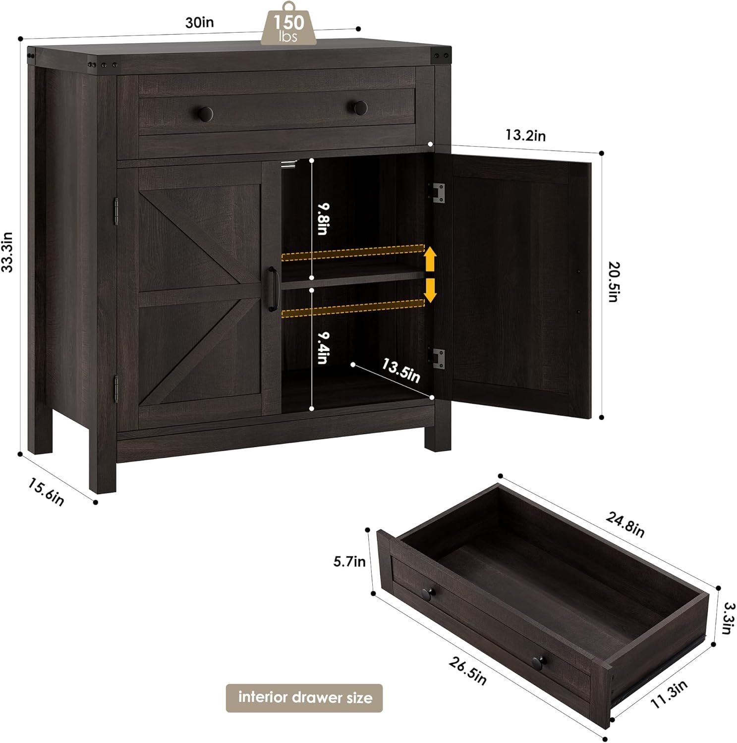 HOSTACK Coffee Bar Cabinet, Kitchen Storage Cabinet, Modern Farmhouse Buffet Sideboard with Drawer and Adjustable Shelf, Barn Door Accent Cabinets for Kitchen, Dining Room, Entryway, Dark Brown