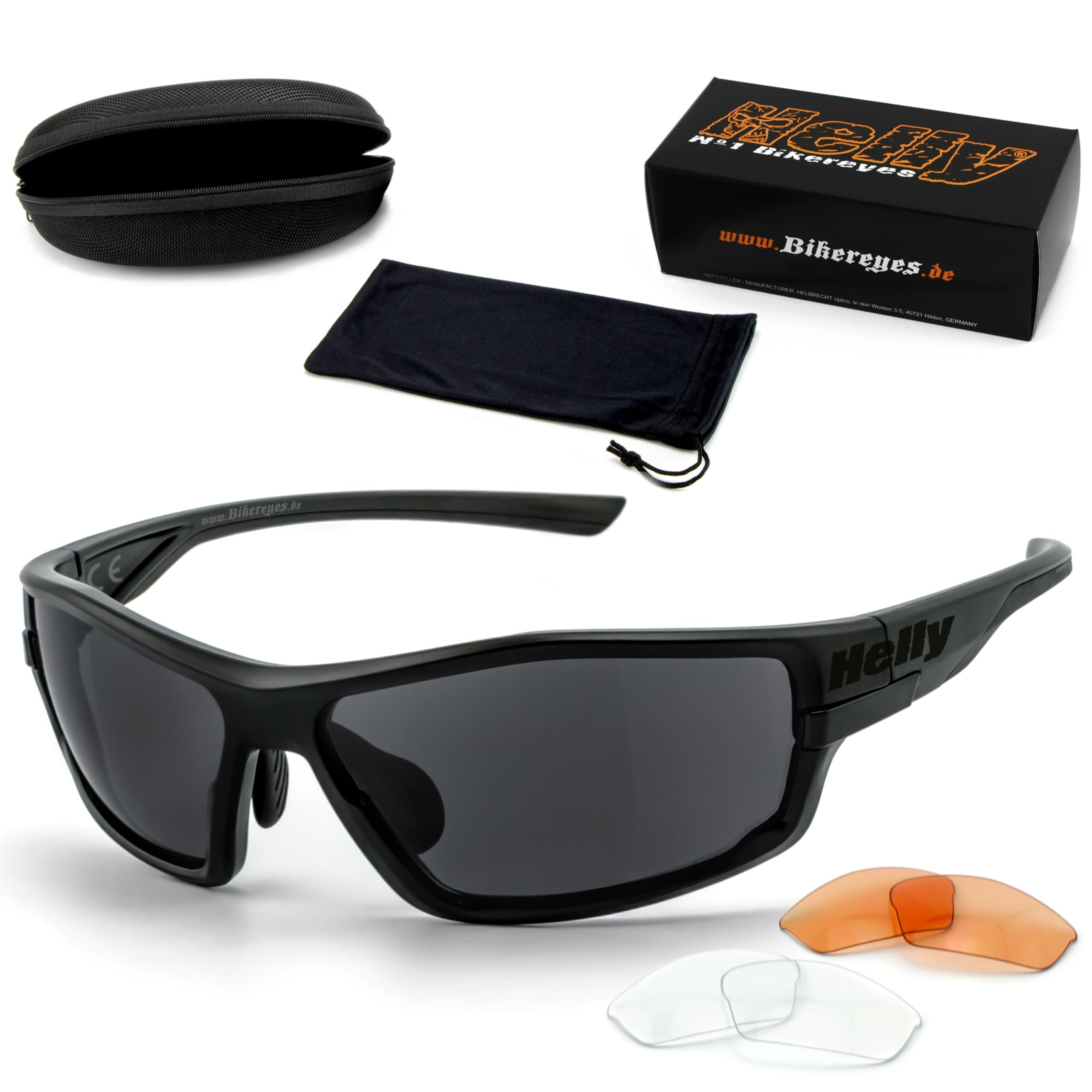 HELLY® - No.1 Bikereyes®, occhiali da motociclista, occhiali da sole da moto, anti-appannamento, antivento, infrangibili, massimo comfort (fumo, arancione e trasparente [597])