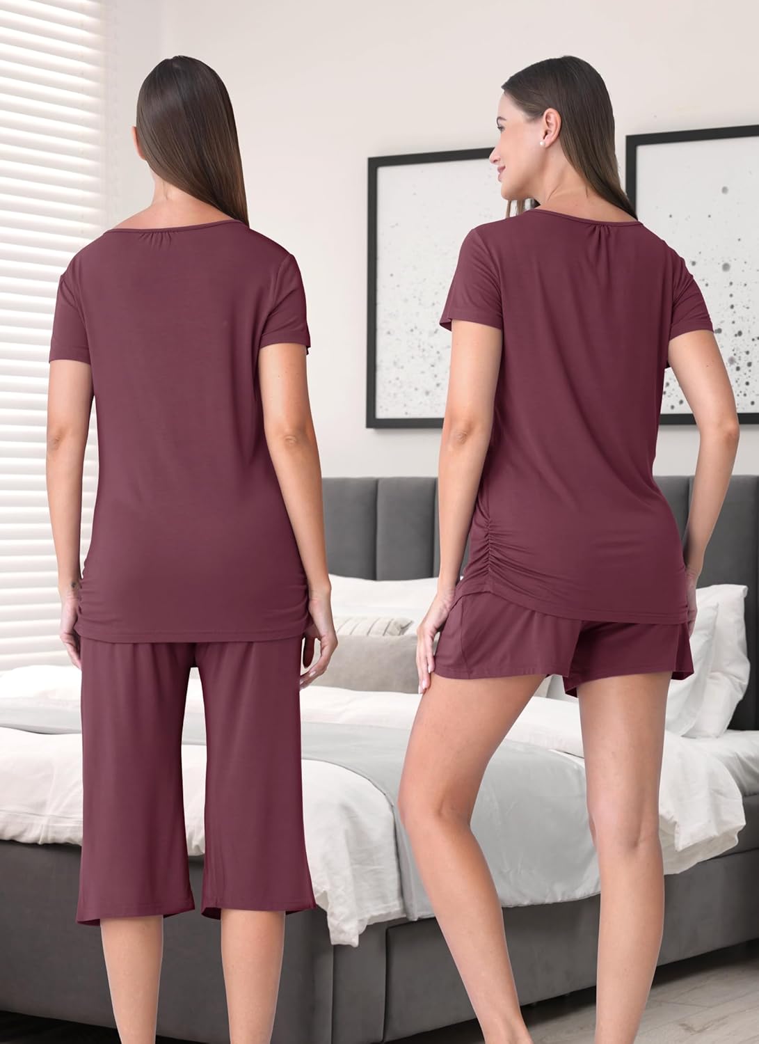 3 Piece Nursing Pajamas Set for Women Breastfeeding Shirts Pjs Postpartum Shorts&Capri Pants Pockets - Image 3