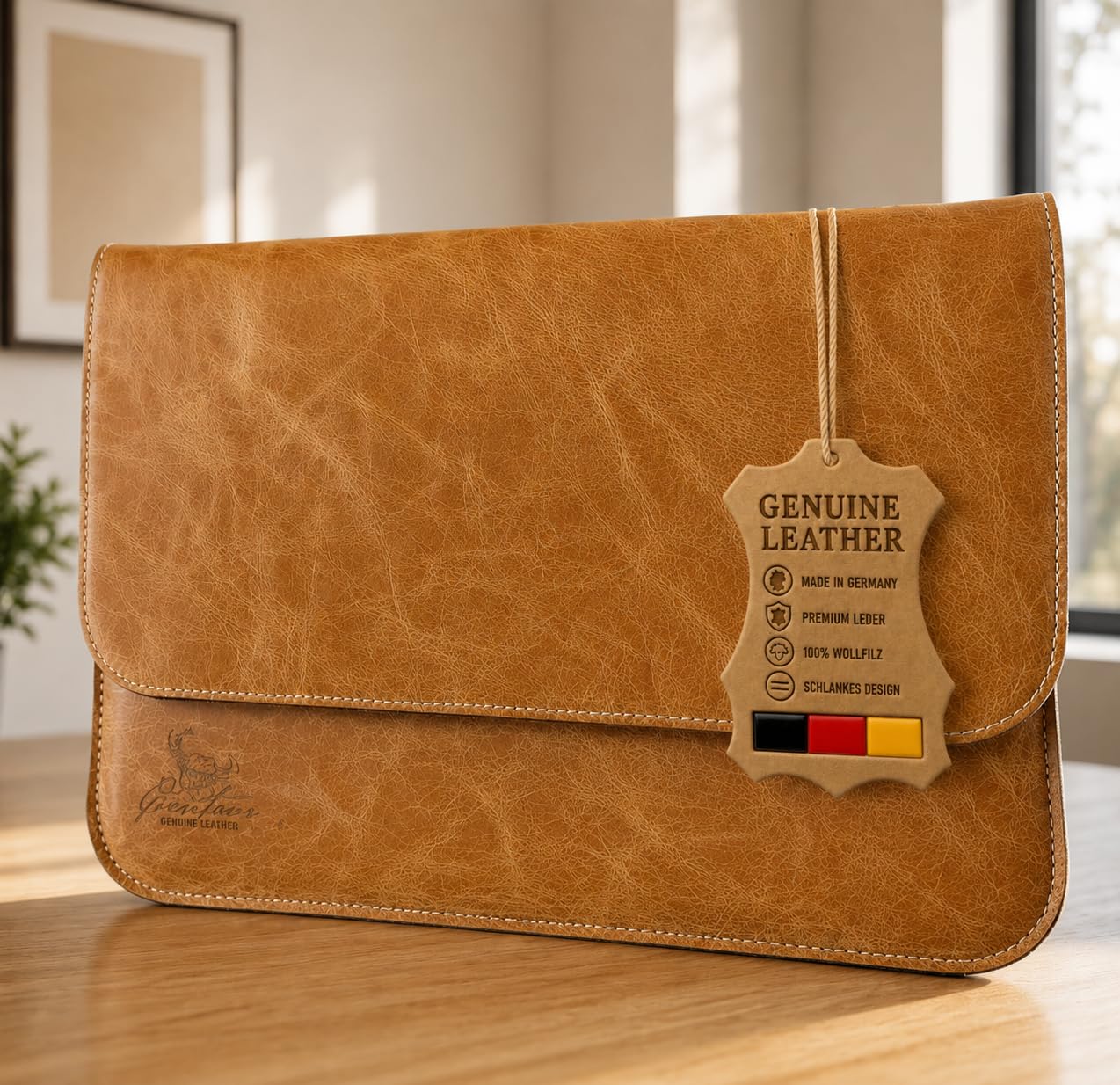 Centaur Funda para portátil de piel italiana auténtica y 100% fieltro de lana, fabricada en Alemania, elegante funda con compartimento extra, funda para ordenador portátil de 14 pulgadas, color coñac