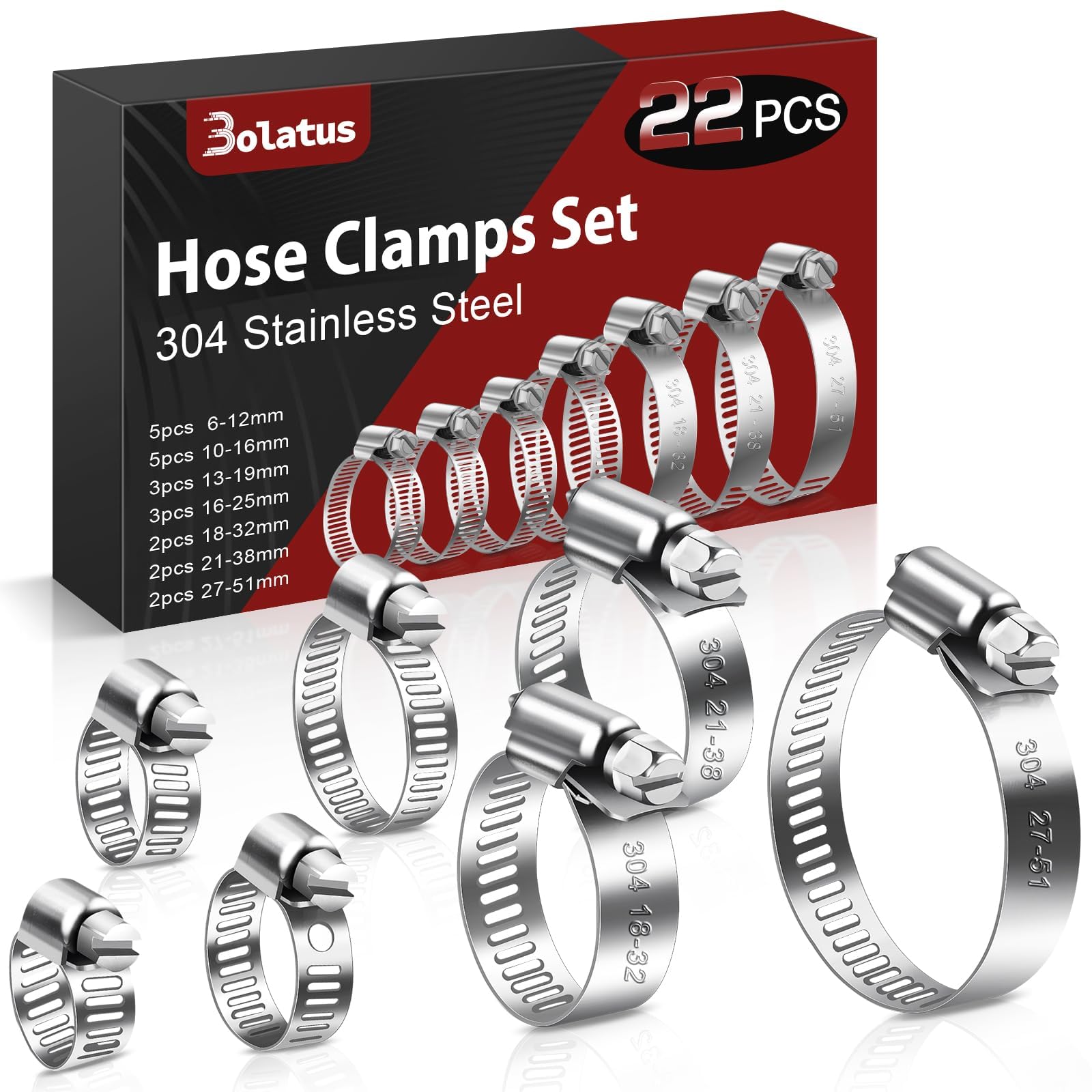 Bolatus Schlauchschellen Set 6-51mm, 22 Stk Schlauchklemme Edelstahl 304 Einstellbare Schraubschellen, 7 Größen Rohrschellen Sortiment für Poolschlauch, Haus Gas Rohr, Gartenschlauch