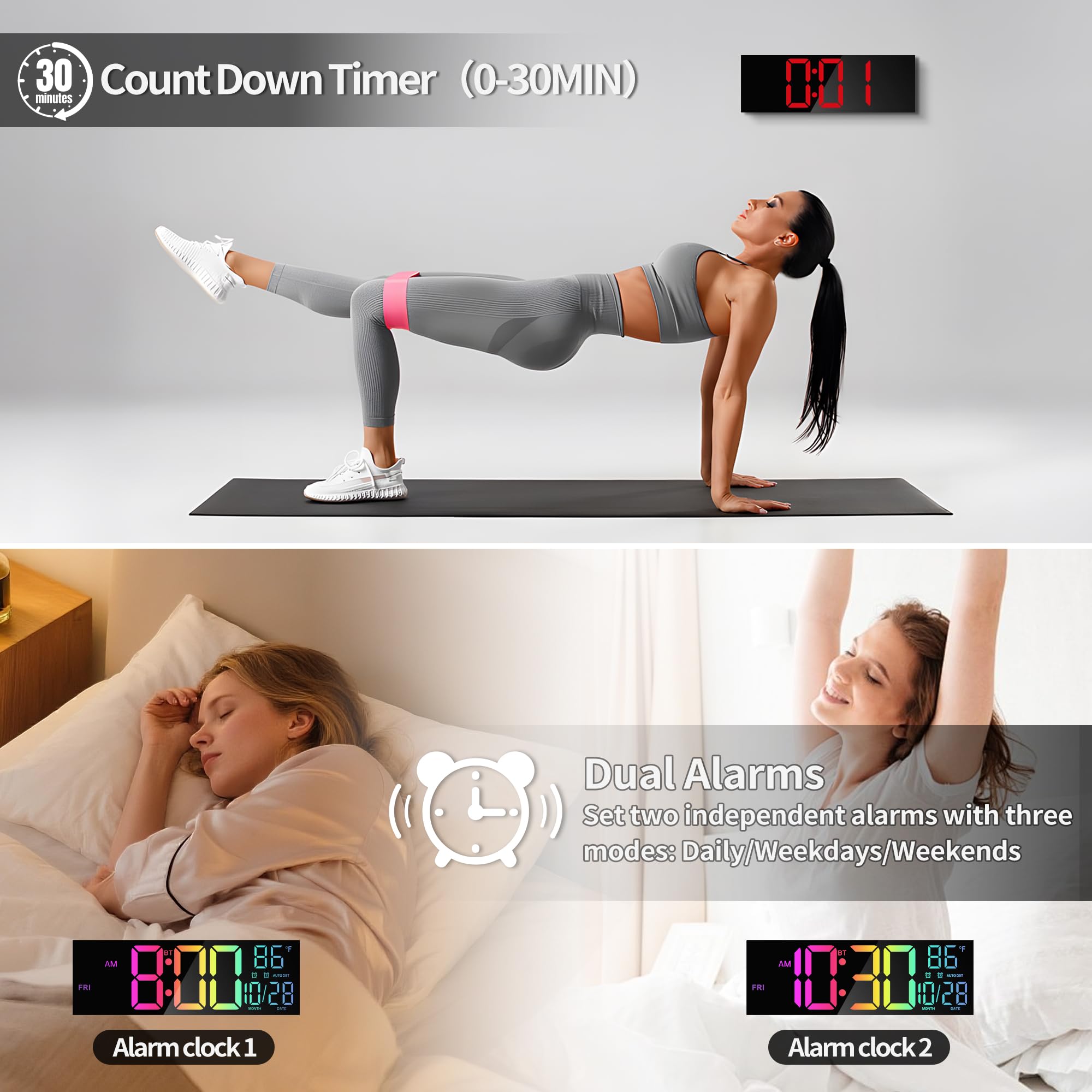 16,5" Digitale Wanduhr mit Bluetooth, Nachtlicht, Dimmung, 2 Wecker, Temperatur, RGB-Farbe, Fernbedienung, 12/24H, Timer – für Wohnzimmer, Büro, Senioren, Geschenk