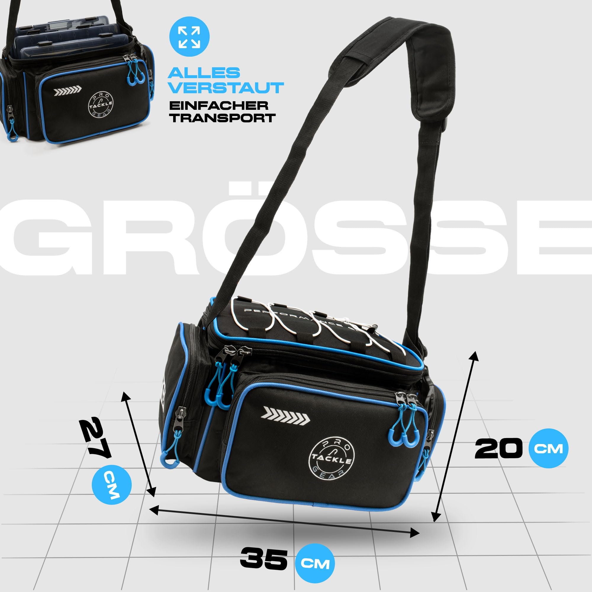 Pro Tackle Strike Shoulder Bag 35x27x20cm mit 3 Tackleboxen für Spinnangeln