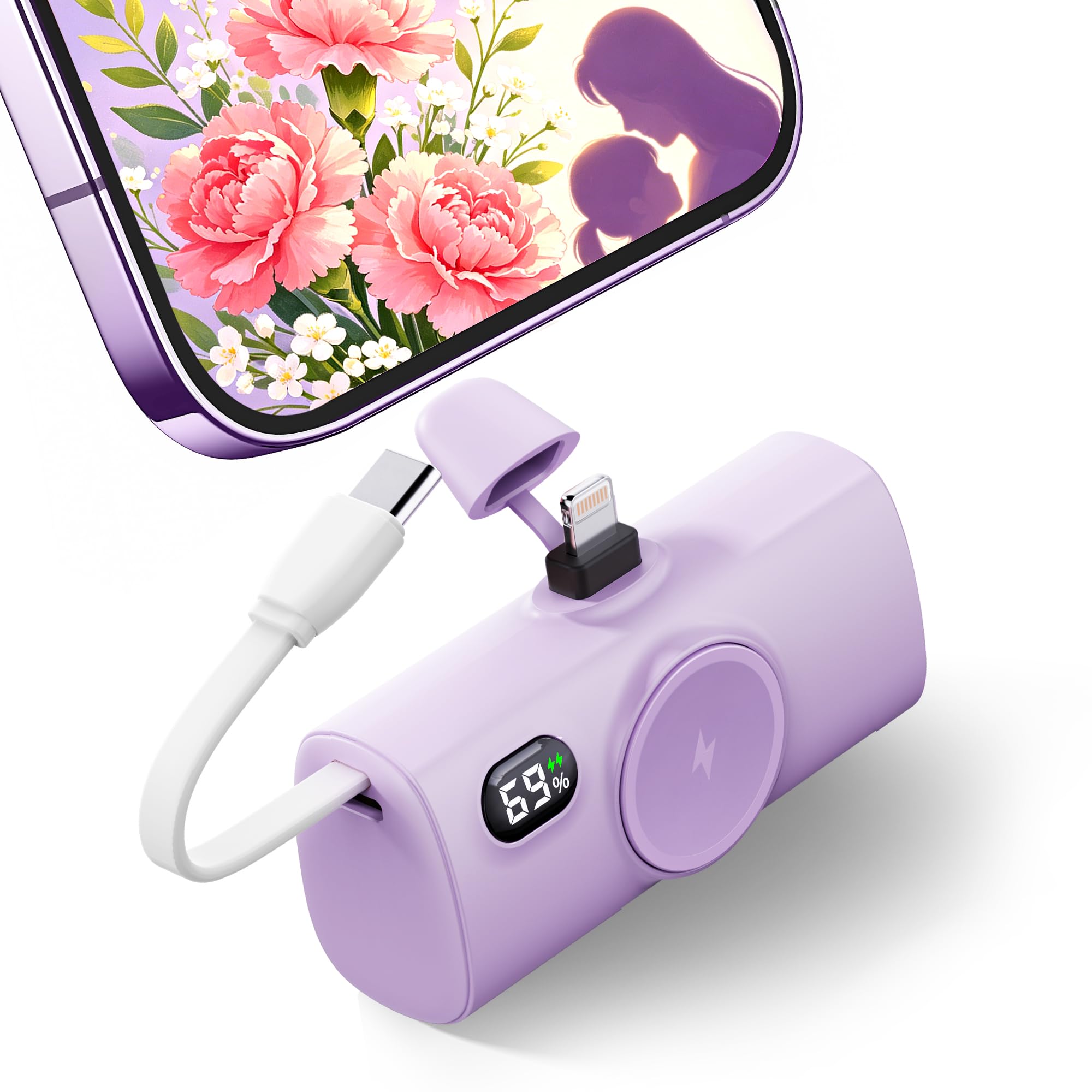 Photo 1 of Mini Purple Power Bank Compatible for Lightning Port,100g 5000mah Small Portable Charger for iPhone 14 Plus/14/14 Pro Max,Battery Pack with Digital Display Compatible With iPhone 13/12/14 series