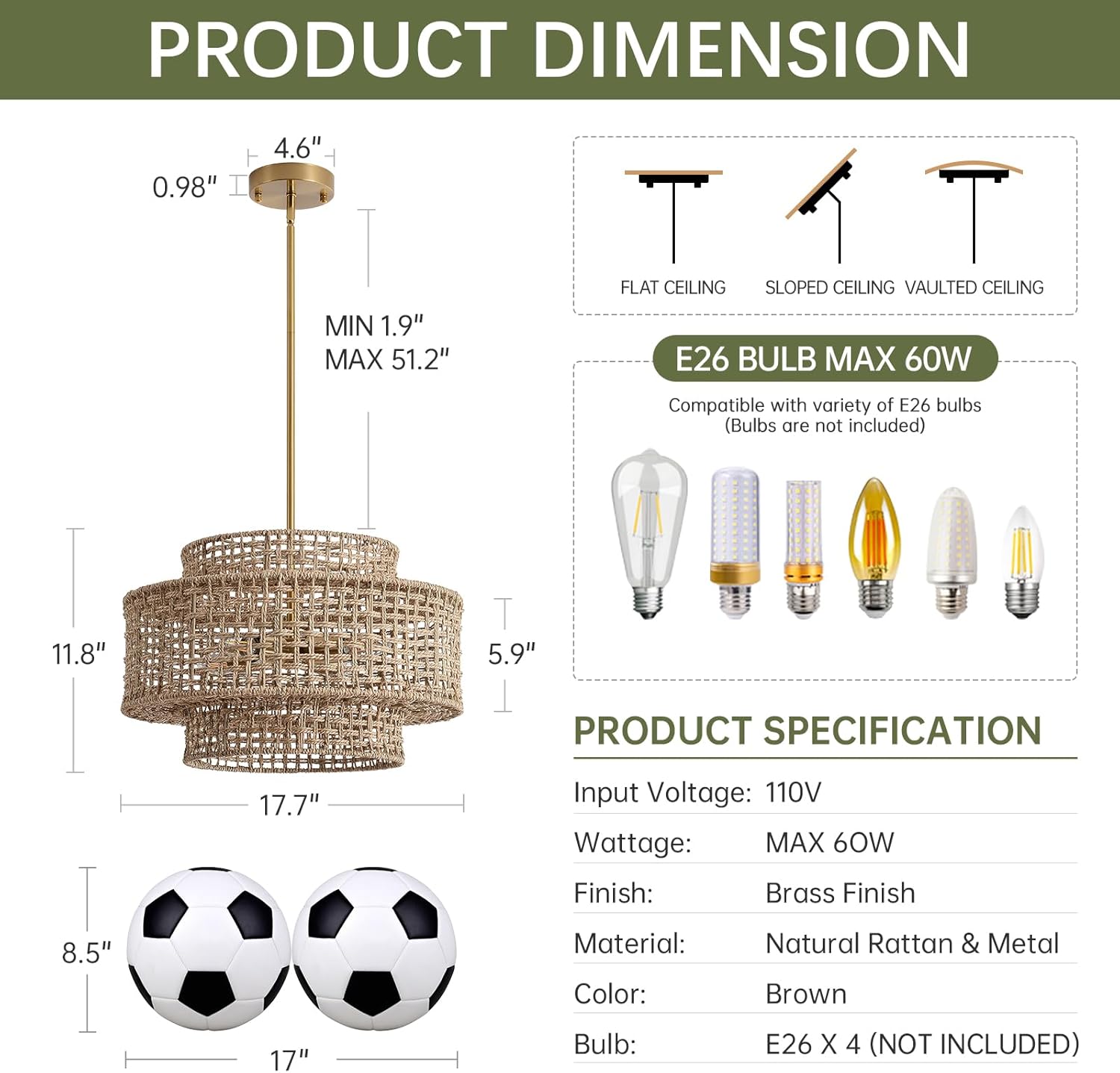 17.7” Boho Rattan Chandelier Light Fixture 4-Light Hand Woven Rustic Chandeliers with Wicker Shade, Farmhouse Chandelier Hanging Light for Dining Room Kitchen Island, Living Room, Foyer