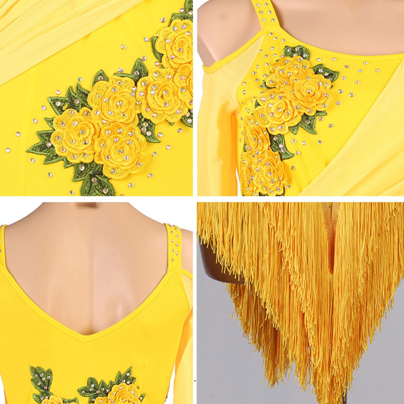 Damen Latin Rock Ballsaal Tanzkleid Wettbewerb Kleidung Langarm Schulterfrei Quasten Tanzrock Rumba Samba Cha Cha Tanzkleidung