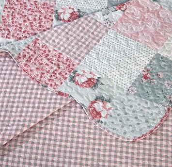 B&B Patchwork Quilt Bedspread Super King Size Bed - 3 Pcs Box Pattern Thick Cotton Filling Bed Warmer Large Blanket Bed Spread With Quilt Fabric 2 Pillowcase - Floral Grey