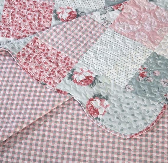 B&B Patchwork Quilt Bedspread Super King Size Bed - 3 Pcs Box Pattern Thick Cotton Filling Bed Warmer Large Blanket Bed Spread With Quilt Fabric 2 Pillowcase - Floral Grey