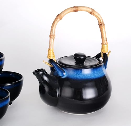 Vista 3 de Hinomaru Collection Kagetsu - Juego de té de porcelana esmaltada reactiva estilo japonés, 24 onzas líquidas, tetera con mango de ratán y cuatro