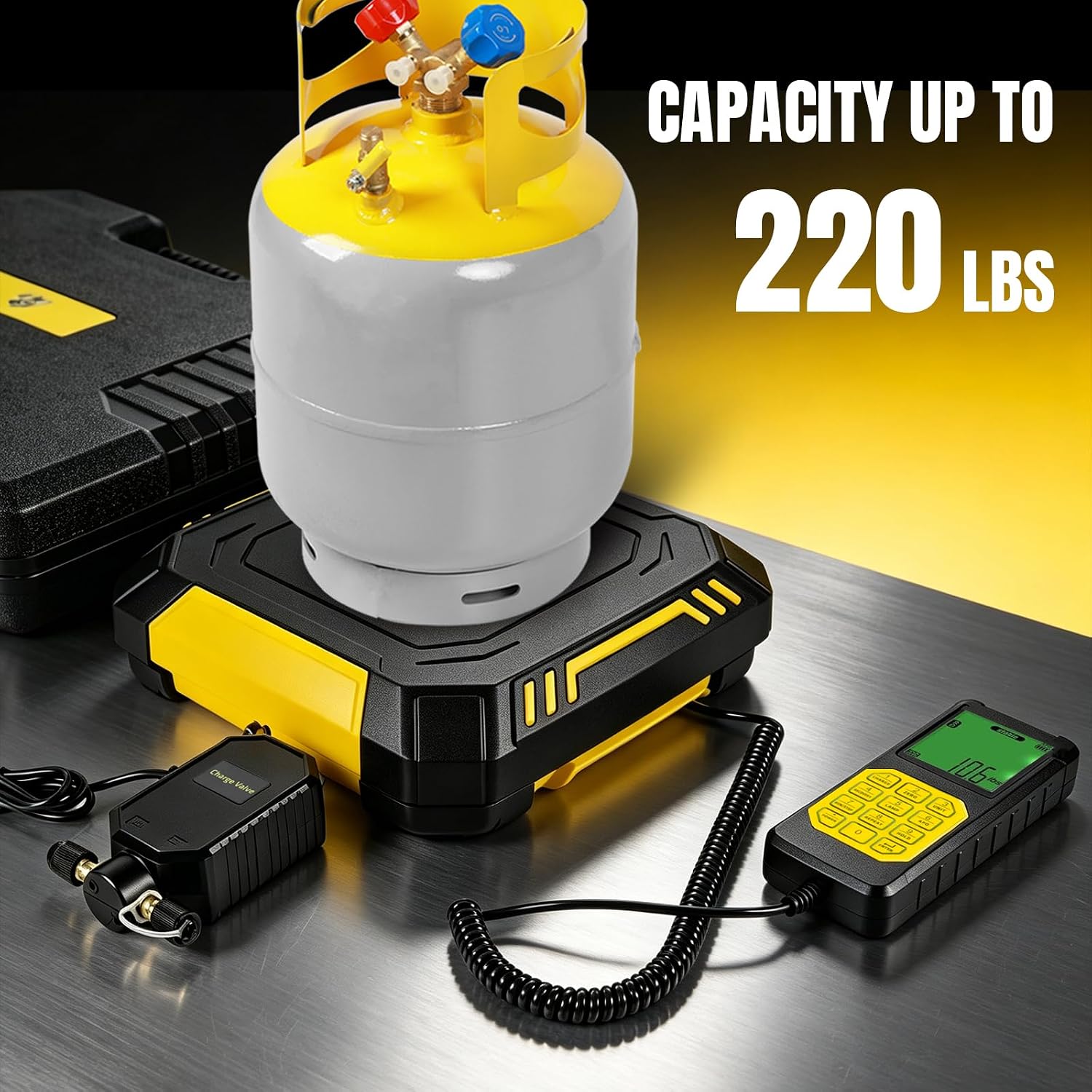 220 lb HVAC Refrigerant Scale with Auto-Dosing Charge Valve Digital Display