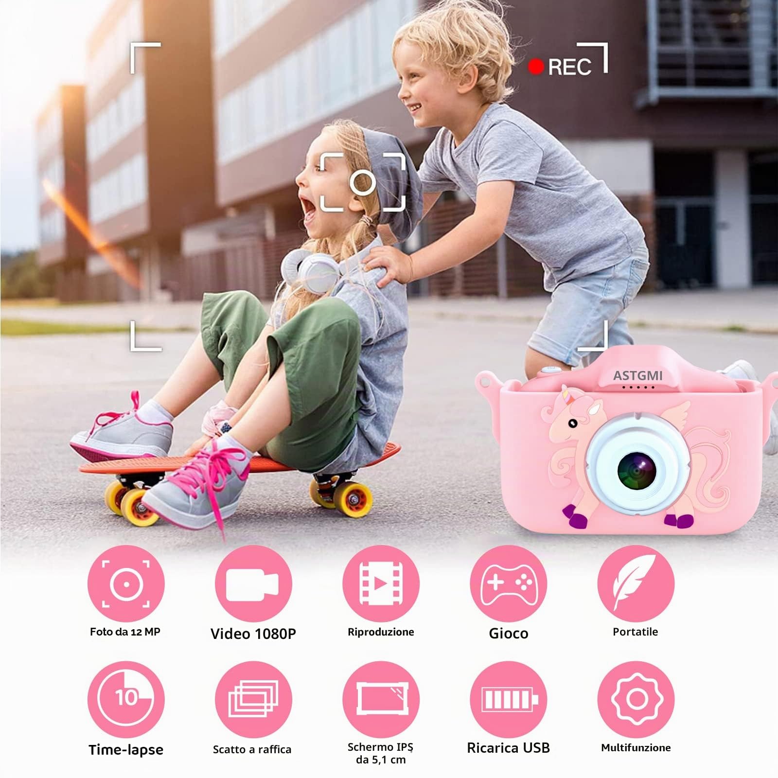 ASTGMI Macchina Fotografica Bambini, 12MP Mini Ricaricabile Fotocamera Digitale Bambina Videocamera Regalo per Ragazze Ragazzi 3-10 Anni, con Scheda 32 GB, Regali Giocattolo di Natale & Compleanno