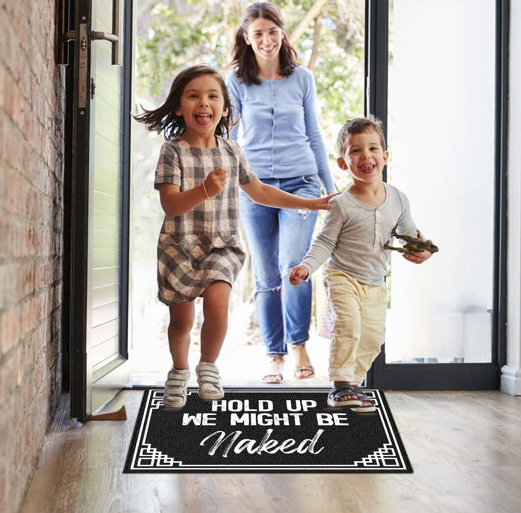 Front Door Mat Indoor Entrance Rugs Indoor, Hold Up We Might Be Naked Front Door Mat Funny Welcome Mats for Front Door Indoor Outdoor 30X18 Inch