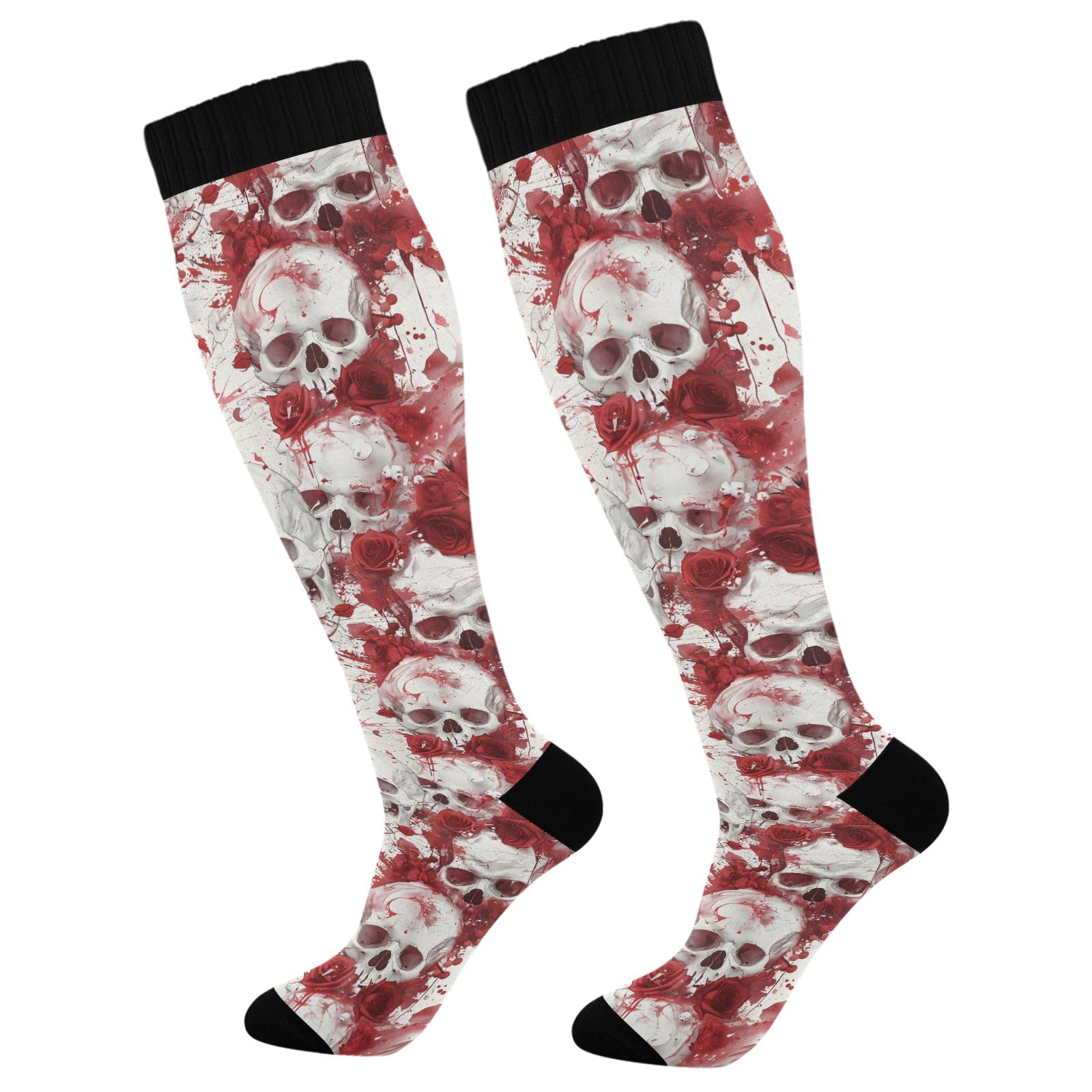 ALAZA Athletic Compression Socks Knee High Socks Stockings for Women Skeleton Rose Scarlet Running Circulation Sport Football