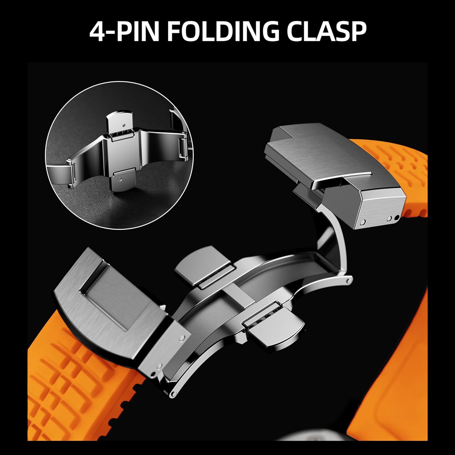 Silicone Sport Band Compatible with Apple Watch Ultra 3/2/1 Band 49mm 46mm 45mm 44mm, Rugged Heavy Duty Bands with Stainless Steel Folding Buckle Modern Design for iWatch Series 11 10 9 8 7 for Men (Orange-Silver, 49mm/46mm/45mm/44mm/42mm(Series 3))