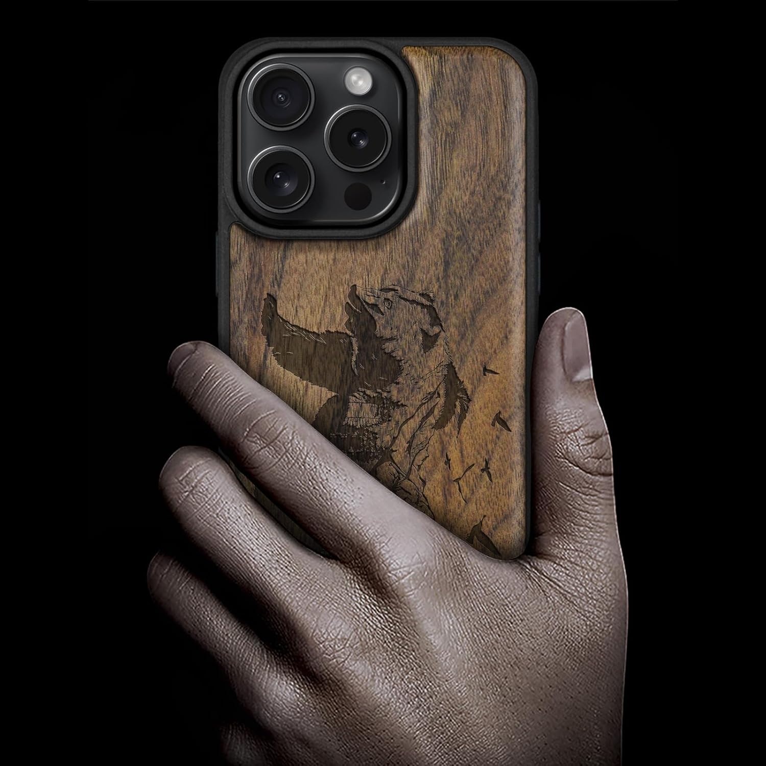 Carveit Magnetic Wood Case for iPhone 16 Pro Case [Solid Wood & Black Soft TPU] Shockproof Protective Cover Unique Wooden Case Compatible with magsafe (Bear and Valleys -Walnut)