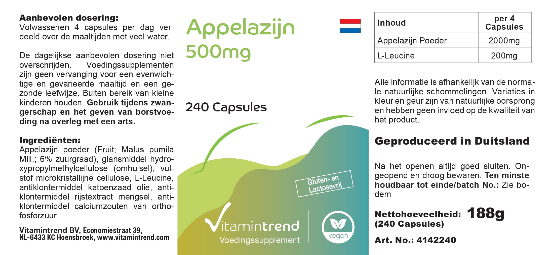 Vitamintrend Vinaigre de cidre 500 mg, 240 gélules, 2000 mg de poudre de vinaigre de cidre par dose quotidienne, complément alimentaire végan sans stéarate de magnésium, fabriqué en Allemagne