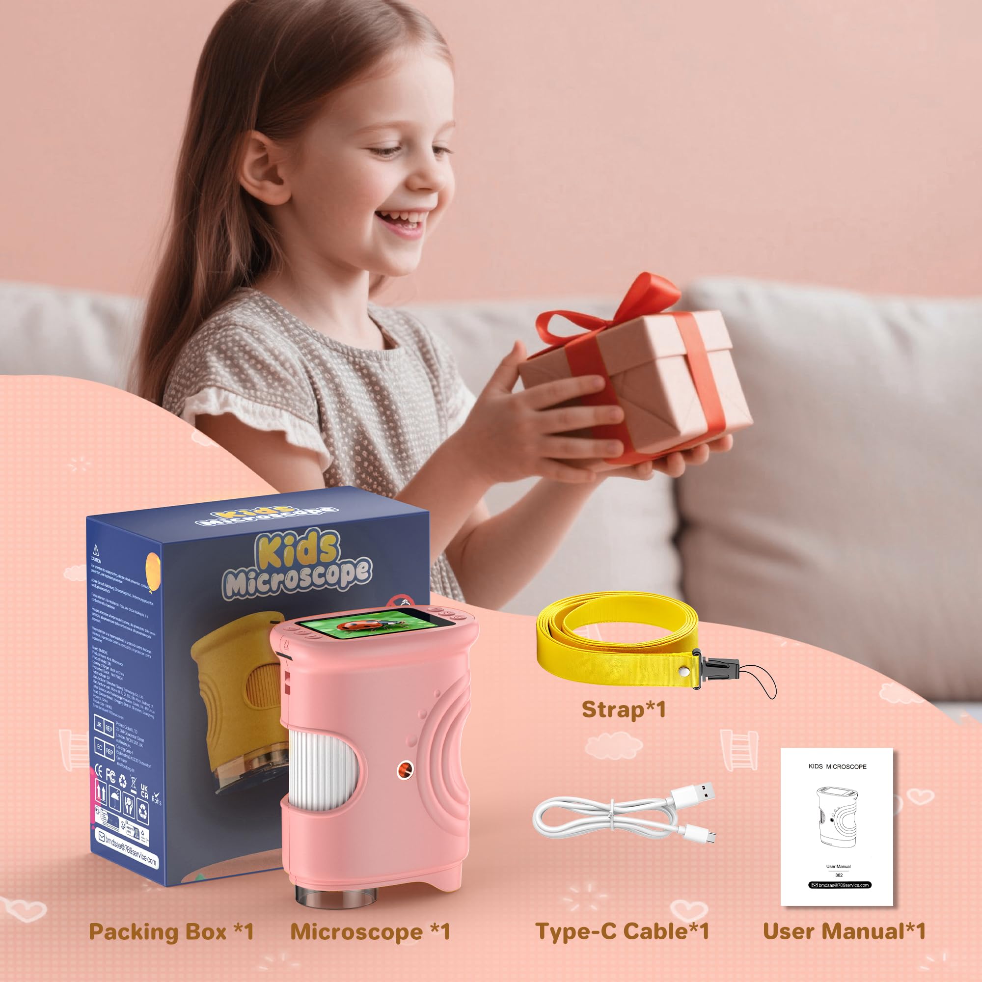 1000X Portatil Digital Microscopio Niños: Magnifying Glass para 2.0" IPS Pantalla - Regalo Original 3-8 8-12 Años Niña Infantil - Lupas Gran Aumento con Luz Rosa