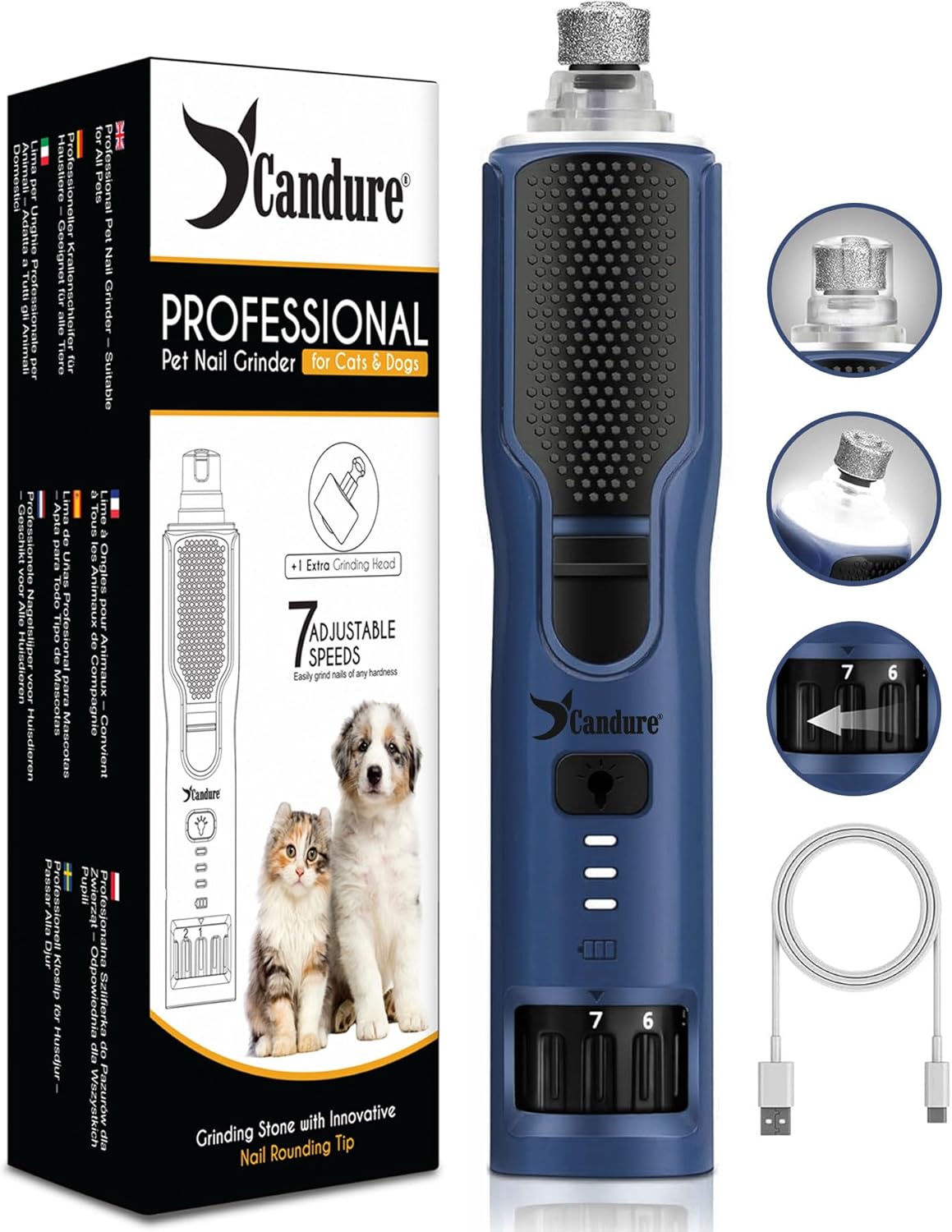 Candure Lima Elettrica per Unghie Cani con 7 Velocità Regolabili, Tagliaunghie per Cani Grandi, Medi e Piccoli, Gatti e Animali Domestici - Silenziosa, Ricaricabile con Luce LED 360° e Testina Extra