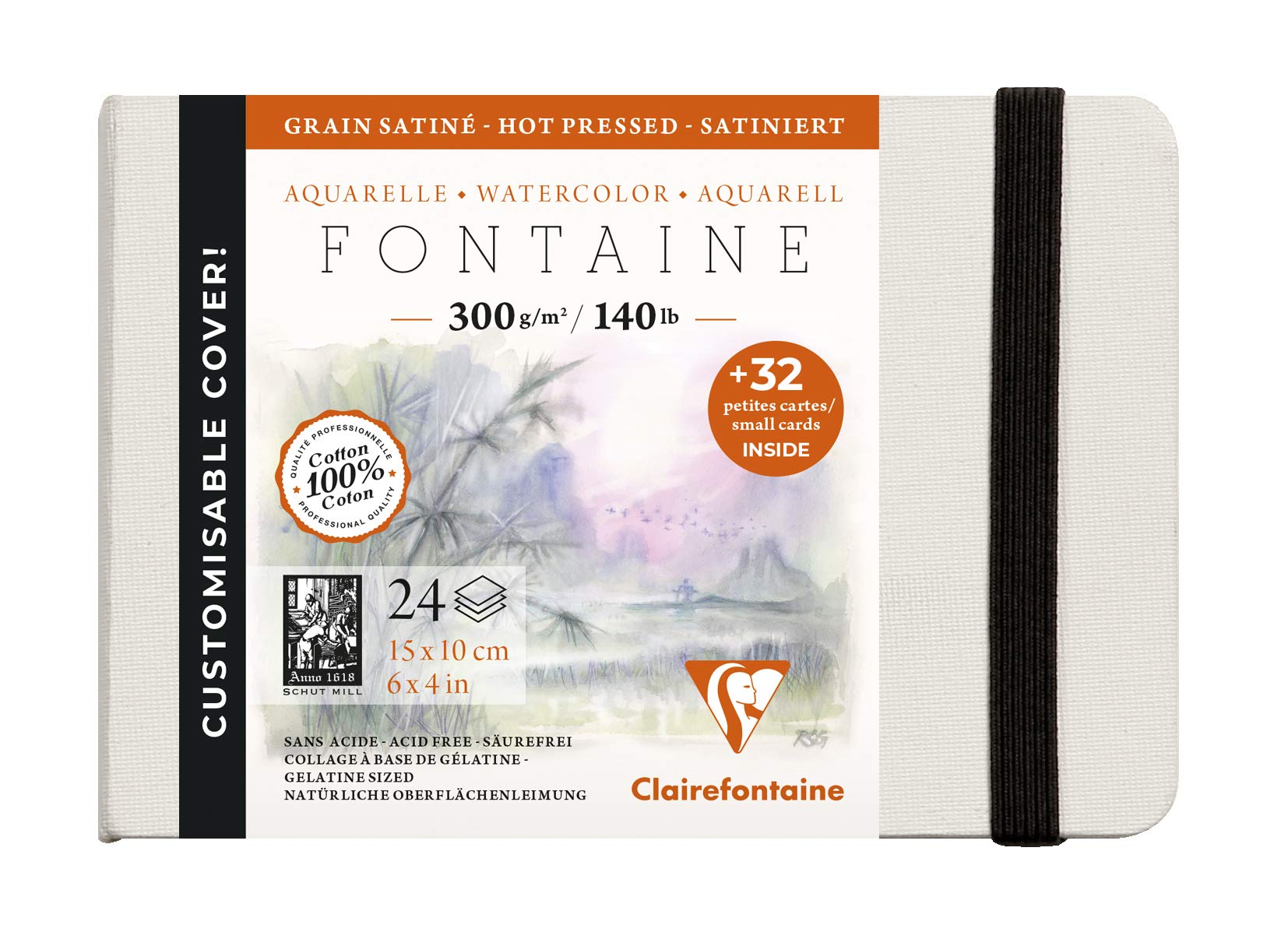 CernitClairefontaine - Ref 975440C - Fontaine Hot Pressed Sewn Watercolour Book (24 Sheets) - 10 x 15cm Size, 300gsm Paper - Suitable for Watercolour Artwork