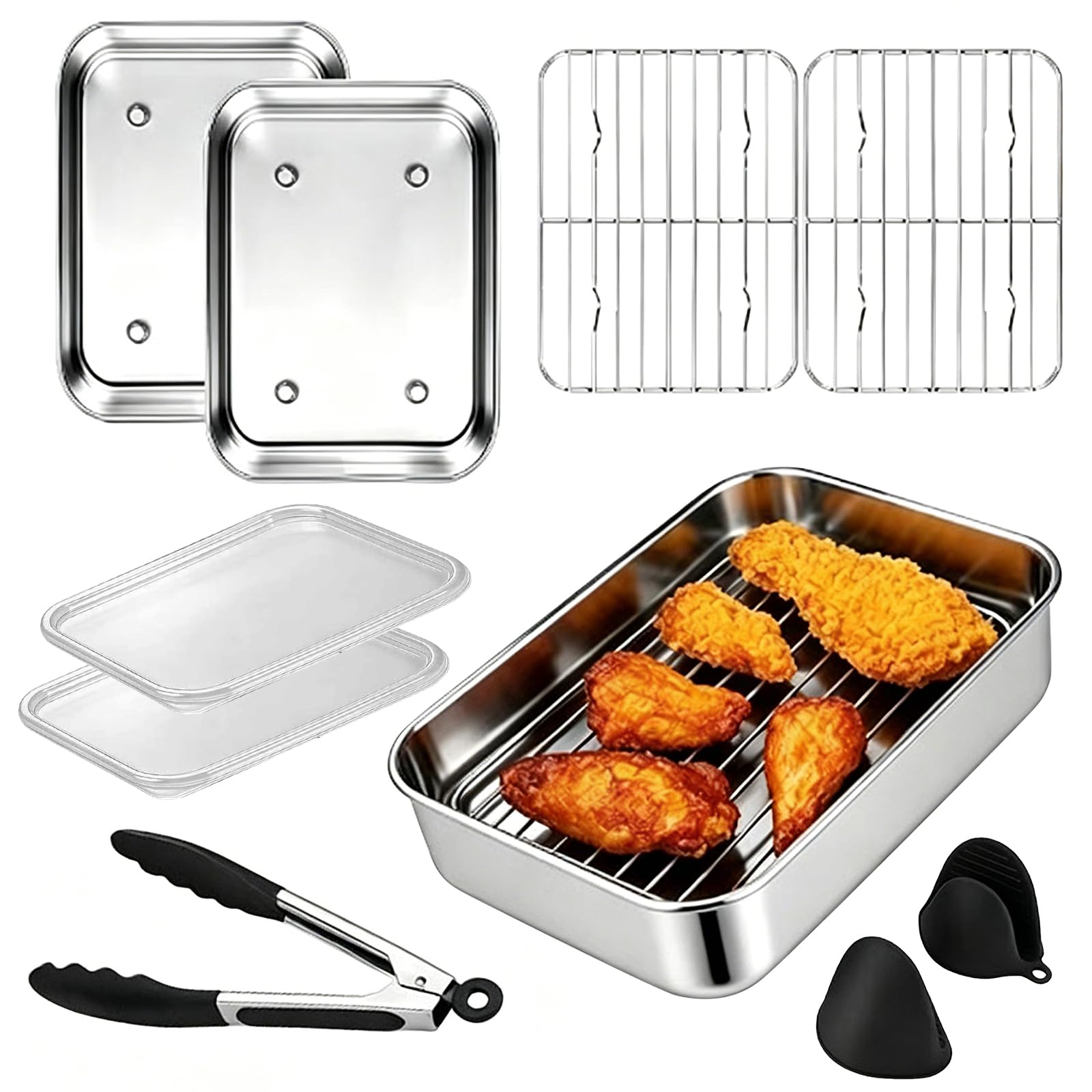 8 piezas accesorios para airfryer de acero inoxidable 304, 2 cuencos, 2 rejillas, 2 tapas, pinzas y guantes, compatible con modelos AF400EU/AF451EU/AF500EU/DZ400EU