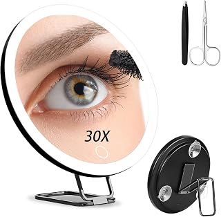 Junyaoxuan Espejo de aumento de 30 aumentos con luz, espejo de maquillaje grande de 6 pulgadas con 3 colores regulables, soporte de mesa, 3 ventosas, color negro
