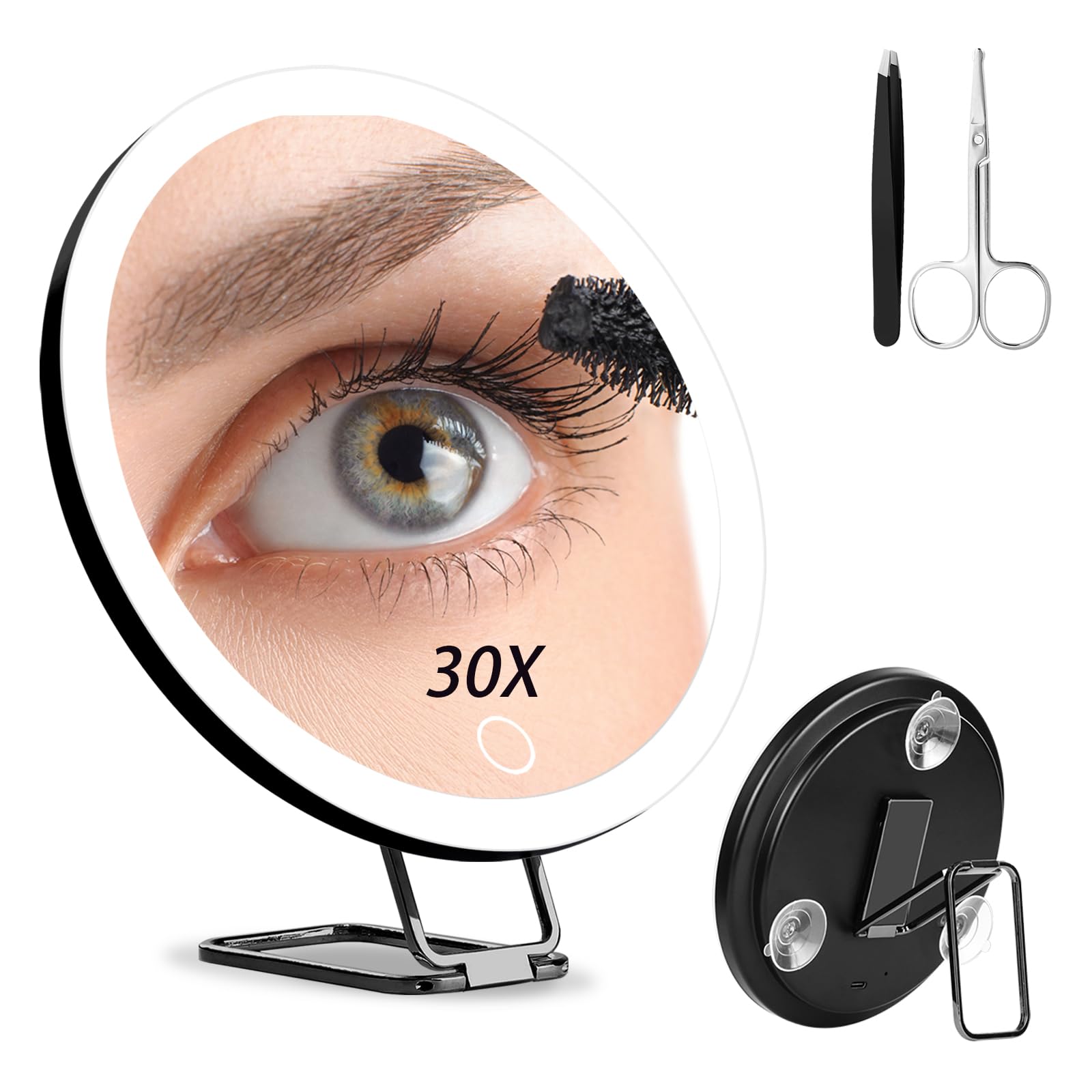 Espejo de aumento de 30 aumentos con luz, espejo de aumento grande de maquillaje de 6 pulgadas, espejo de maquillaje regulable de 3 colores con soporte de mesa, espejo de aumento LED