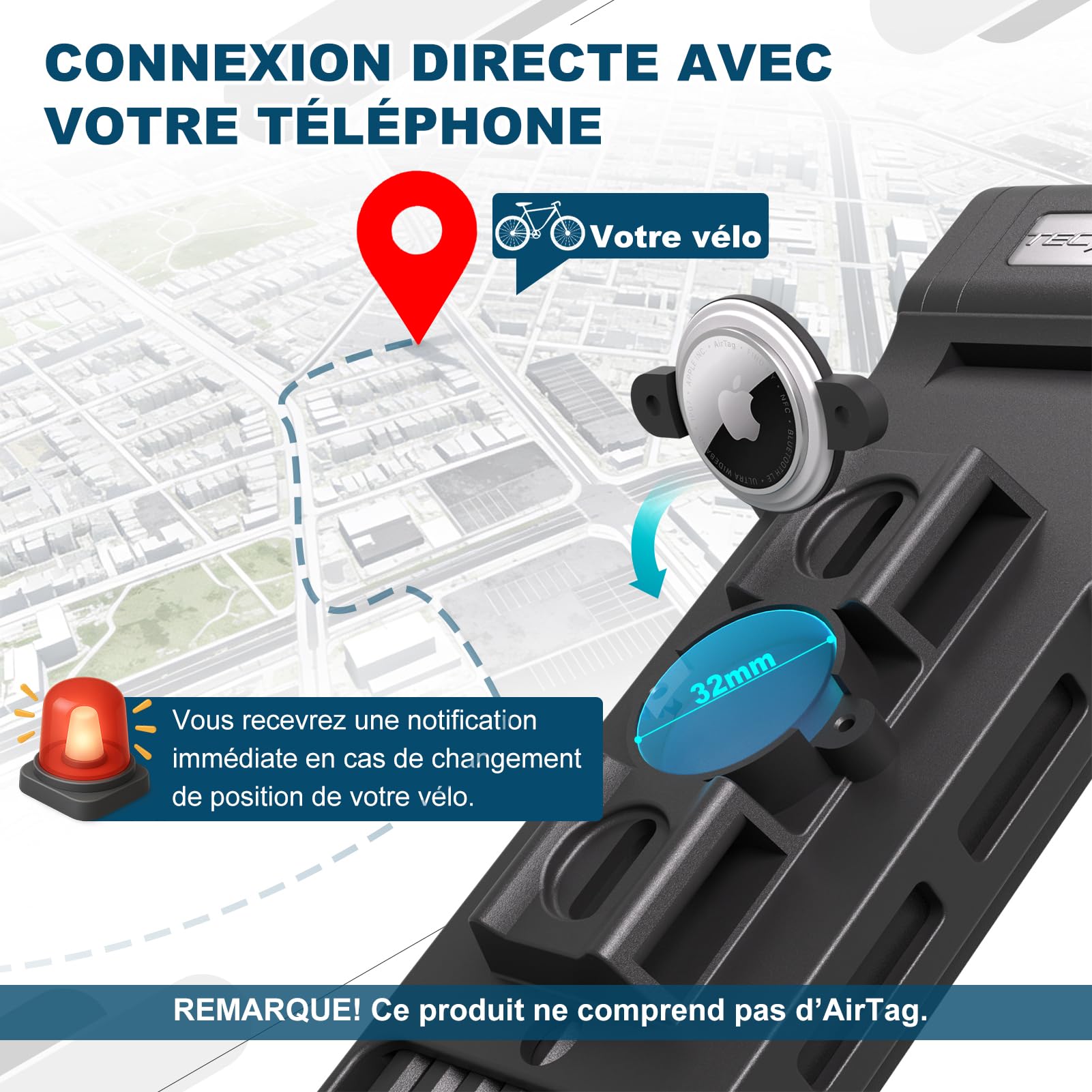TECHCYC Antivol vélo 120 cm, Antivol Pliable Haute Sécurité avec Compartiment Dédié aux Traceurs GPS, Serrure de Vélo avec Support Portable et 2 Clés, pour Vélo,Trottinette et Portes