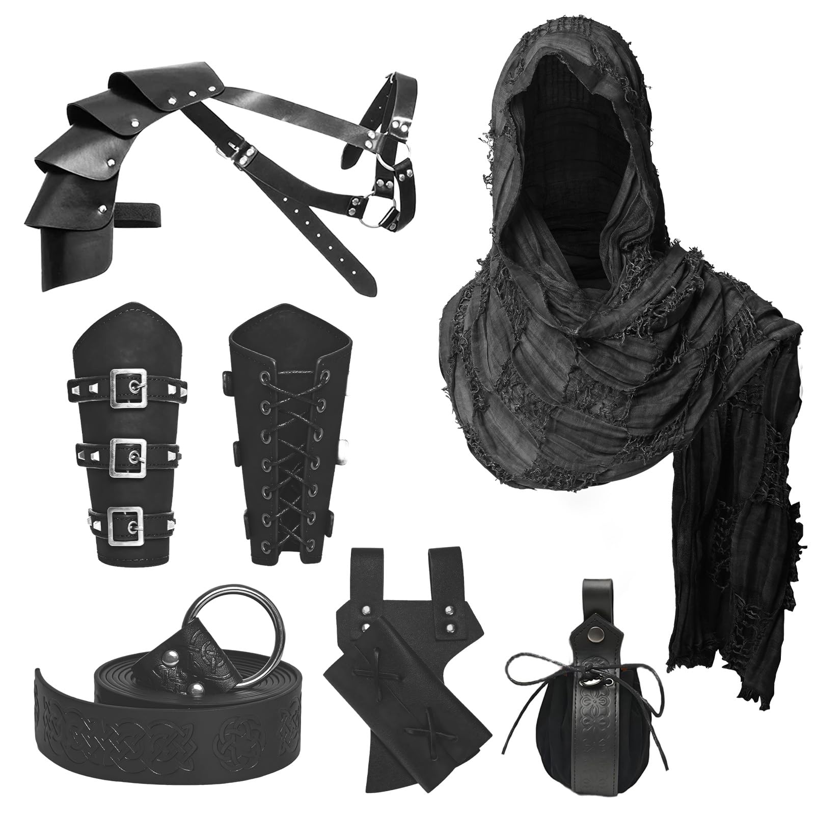 Juego de accesorios de caballero medieval para hombres y mujeres, kit de disfraz renacentista de 6 piezas: cinturón, bufanda, brazos, armadura de hombro, bolsa, rana espada, pines (estilo