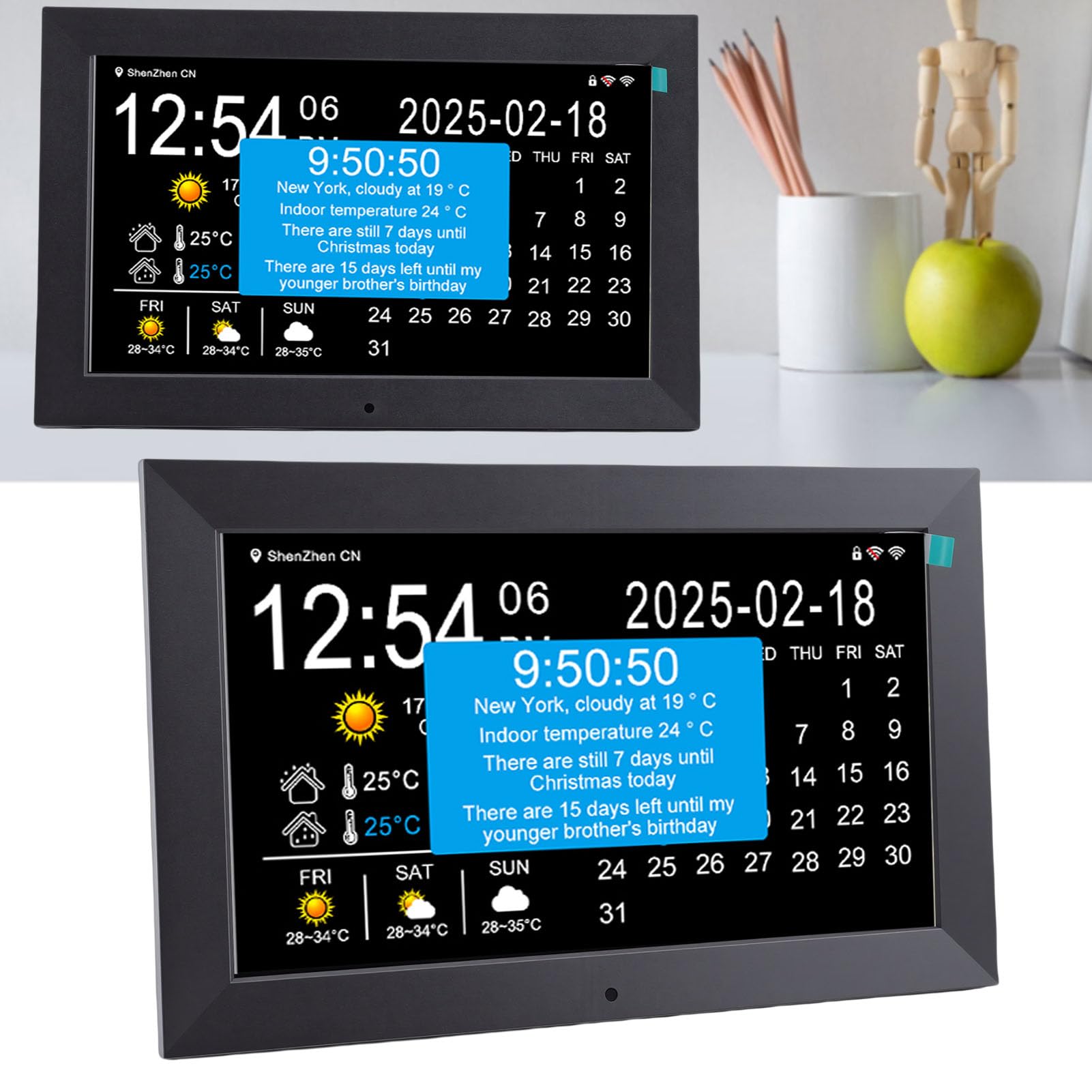 Reloj Digital Inteligente WiFi de 10 Pulgadas, Pantalla Grande con Clima en Tiempo Real, Temperatura Interior y Exterior, Humedad, Recordatorio de Medicamentos, Lectura (Enchufe Europeo)