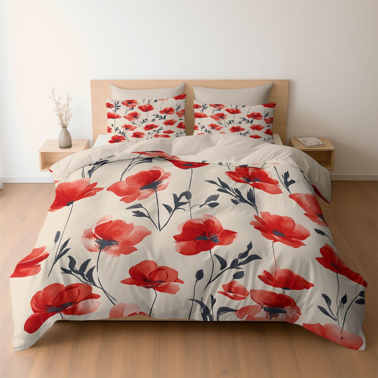 Generisch Nordischer Minimalismus 3-teiliges Bettwäsche-Set, 1 Bettbezug 240 x 220 cm und 2 Kissenbezüge 80 x 80 cm, Beige, Sommer Blumen, Pflegeleicht, Erwachsene, Schlafzimmer