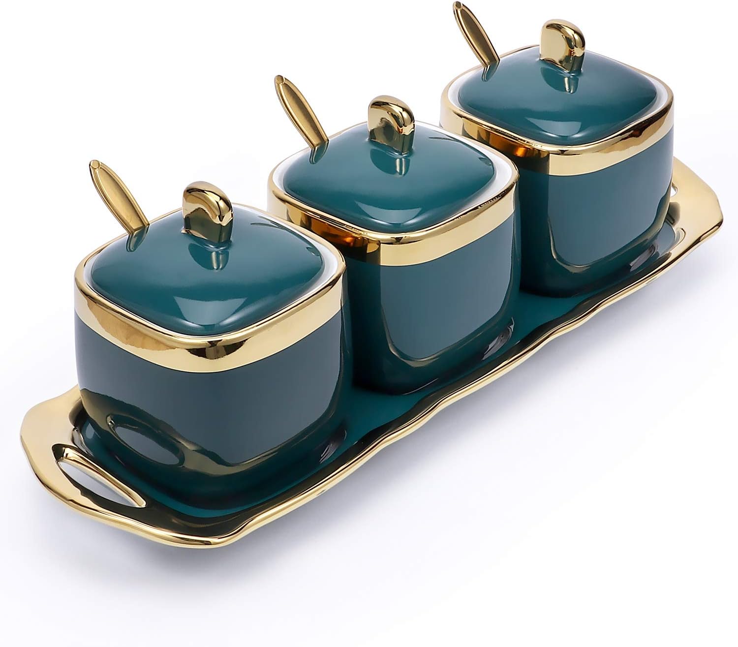 Emerald Glaze Porcelain Condiment Jar Spice Container with Lids Ceramic