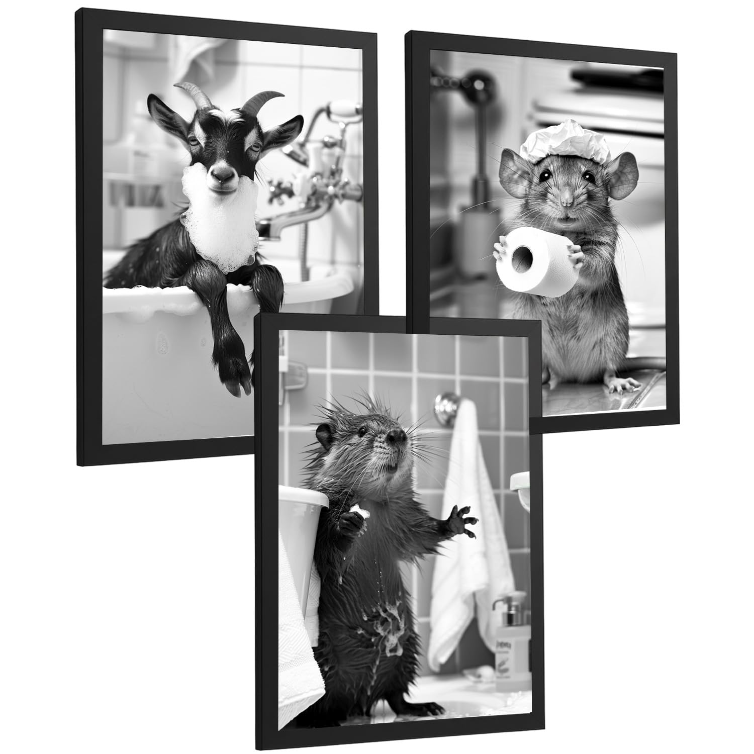 Nacnic Set Di 3 Stampe Decorative Da Parete Per Toilette-Animali. Poster Decorativo In Bianco E Nero Per Bidet E Wc. Immagini Di Una Capra, Un Topo E Un Castoro. Dimensioni A3 Cornice Nera