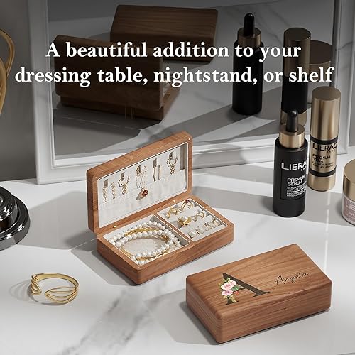 Miniatura 3 de iDIY Joyero personalizado para mujer, joyero de madera con nombre y flor del mes de nacimiento, organizador de joyas para anillos, collares, aretes,