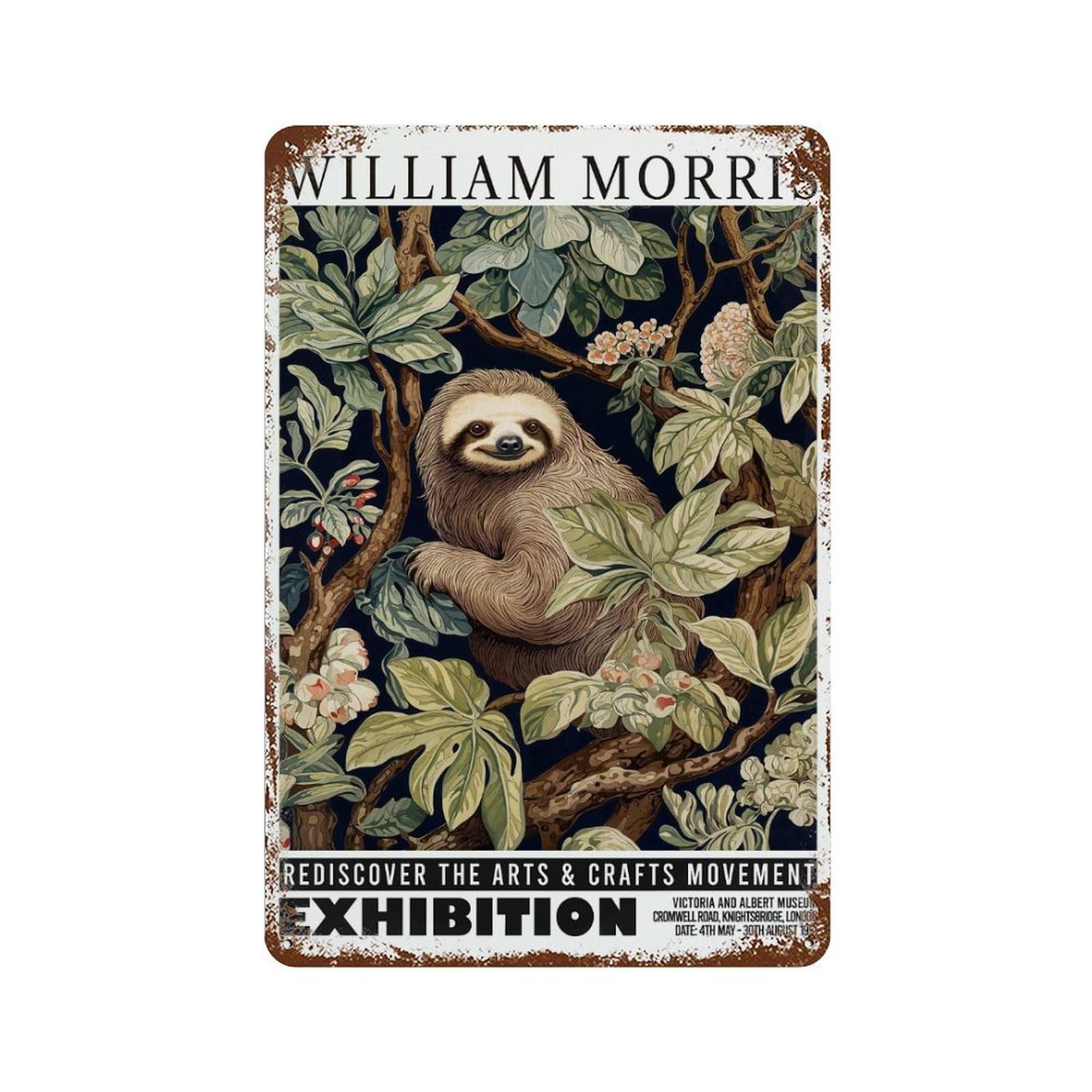 Morris Floral Sloth Exhibition Distressed Metal Wall Sign 11.8"x7.9", Rustic Home Decor for Living Room, Hallway And Home Decor