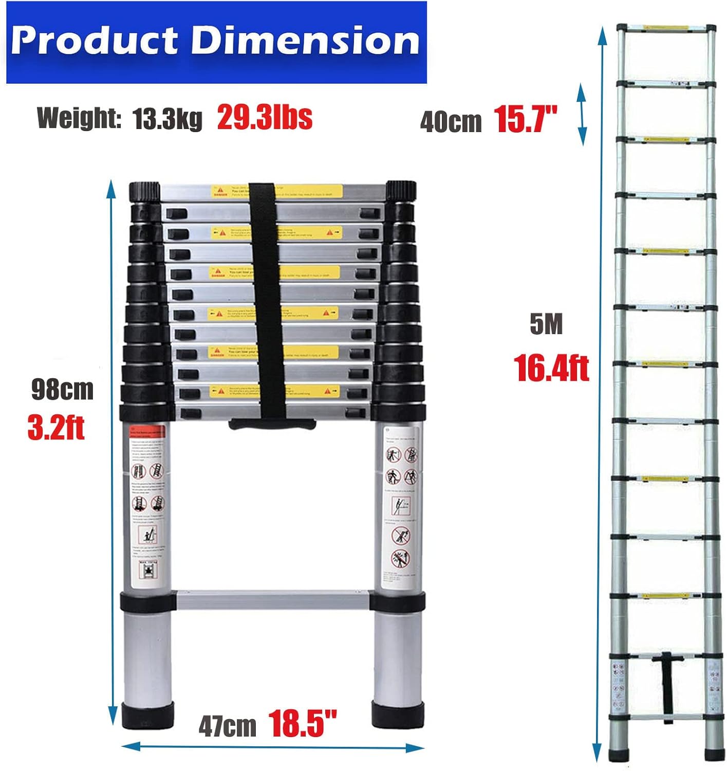 Heavy Duty Telescoping Extension Ladder 16.4ft Aluminum Portable Ladder 330lb Capacity EN131 Certificated 13 Extendable Steps Folded Height 3.2ft, Adjustable Height, Easy to Transport