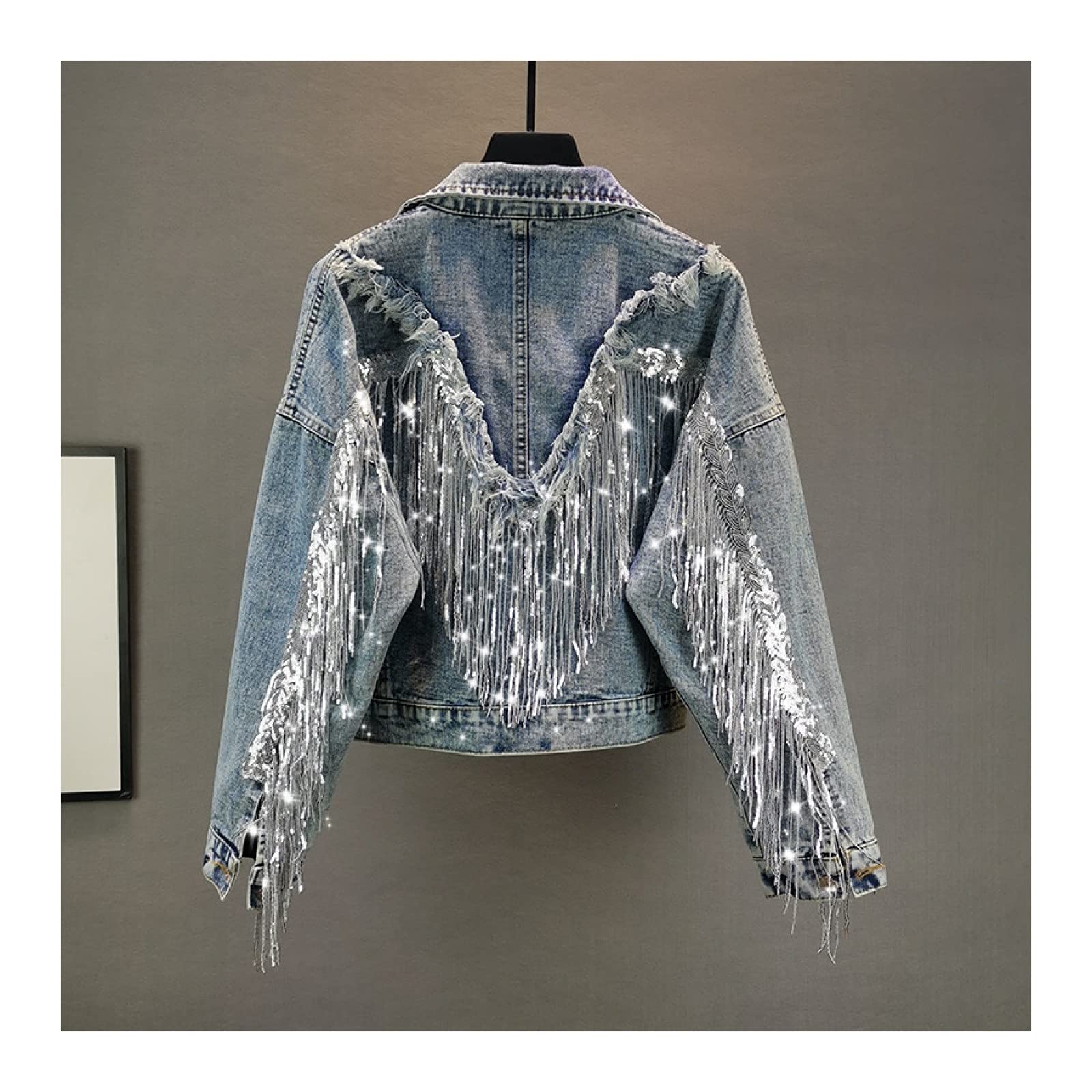Women'S Embroidery Denim Jacket - Sequins Chain Tassel Veste