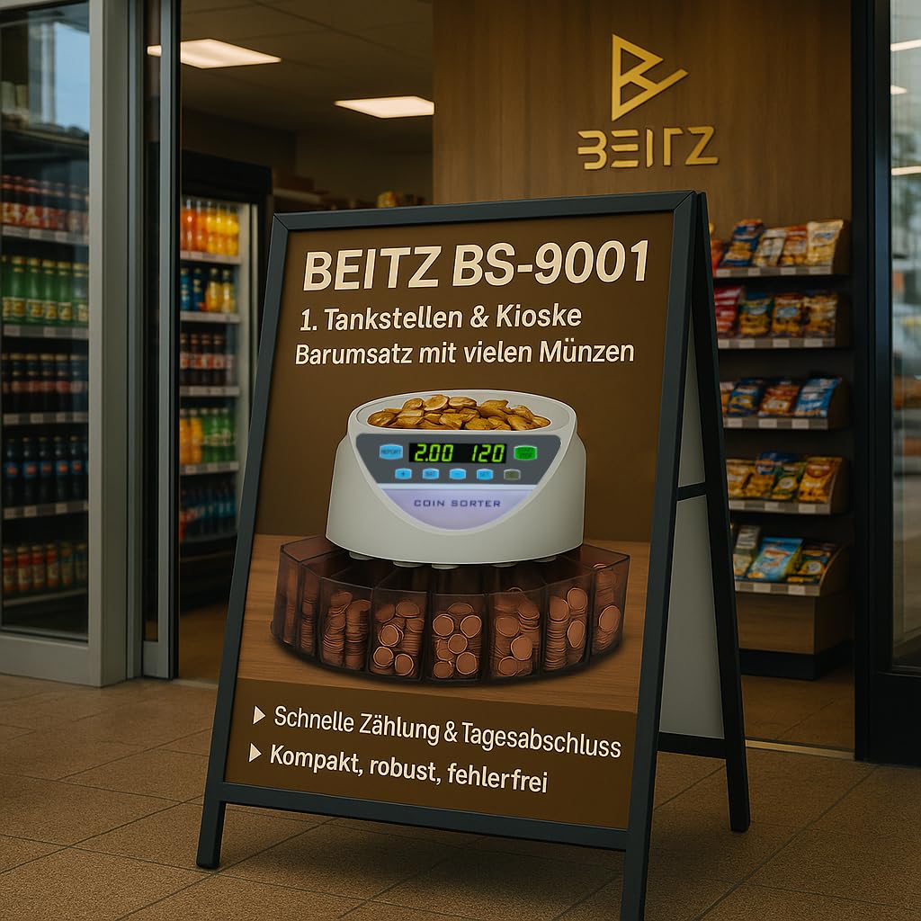 BEITZ BS-9001 | Automatischer Münzzähler & Münzsortierer für EUR | Geldzählmaschine für Kleingeld | Zählt & Sortiert Münzen nach Wert | Elektronischer Münzautomat | Münzzählmaschine mit 8 Münzfächer