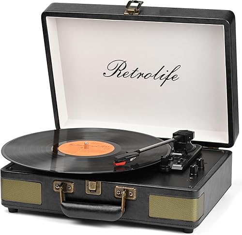 Retrolife Reproductor de discos portátil Bluetooth de 3 velocidades con altavoces incorporados, tocadiscos, sonido de audio mejorado, piel