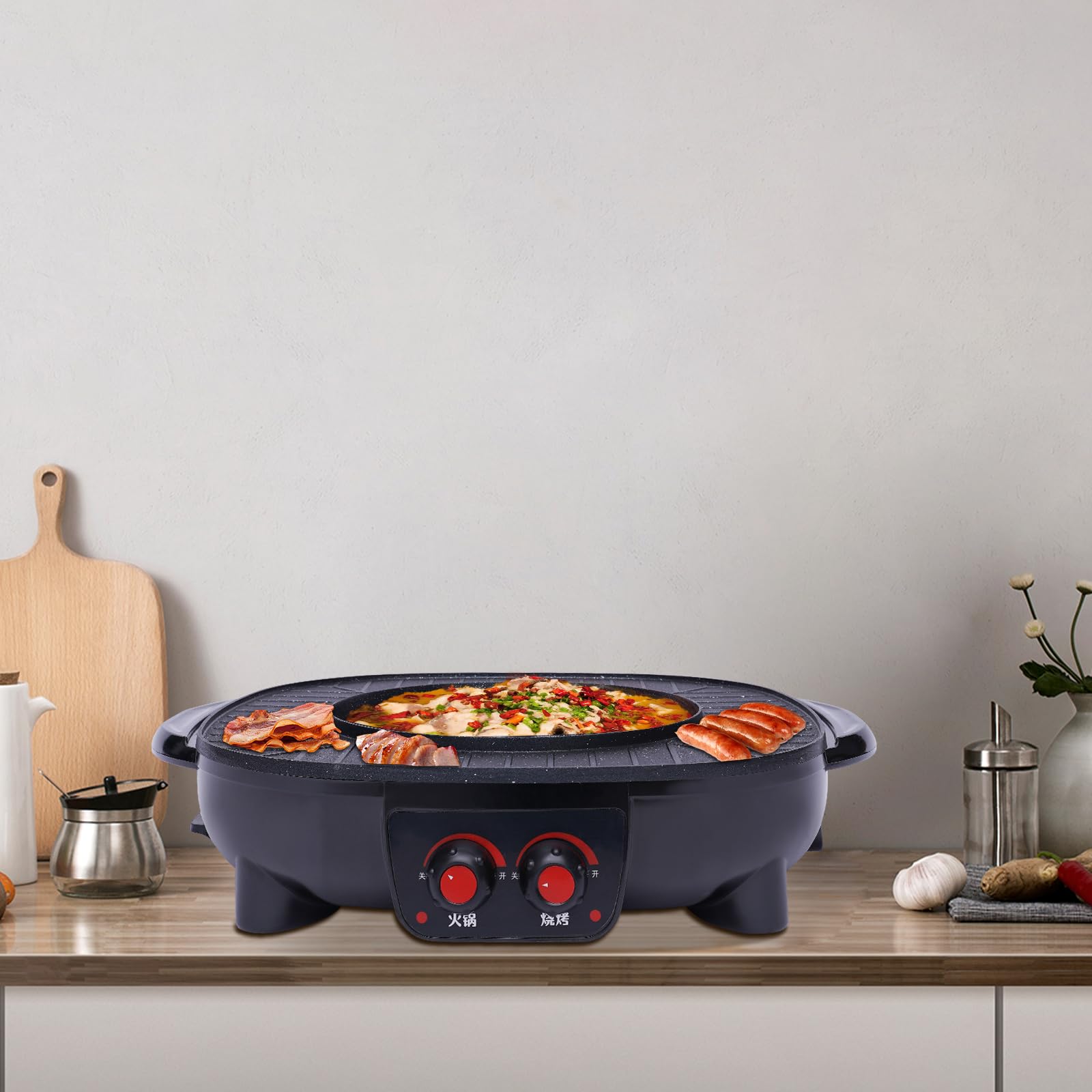 2 In 1 Hotpot und Grill,Elektrischer Hotpot Topf Elektrogrill Antihaft-Rauchloser Grillofen,mit Abnehmbar Kochplatte Indoor Korean BBQ Thai Barbecue Fondue Raclette für 5-6 Personen
