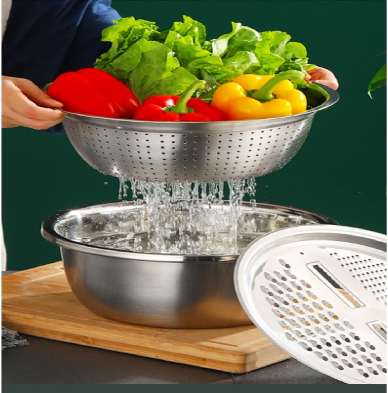 Stainless Steel Basin with Grater Drainer Basket Vegetable Chopper 3-in-1 Kitchen Multifunctional Wash Bowl Set Strainer for Vegetables and Food Strainer (10-Inch)