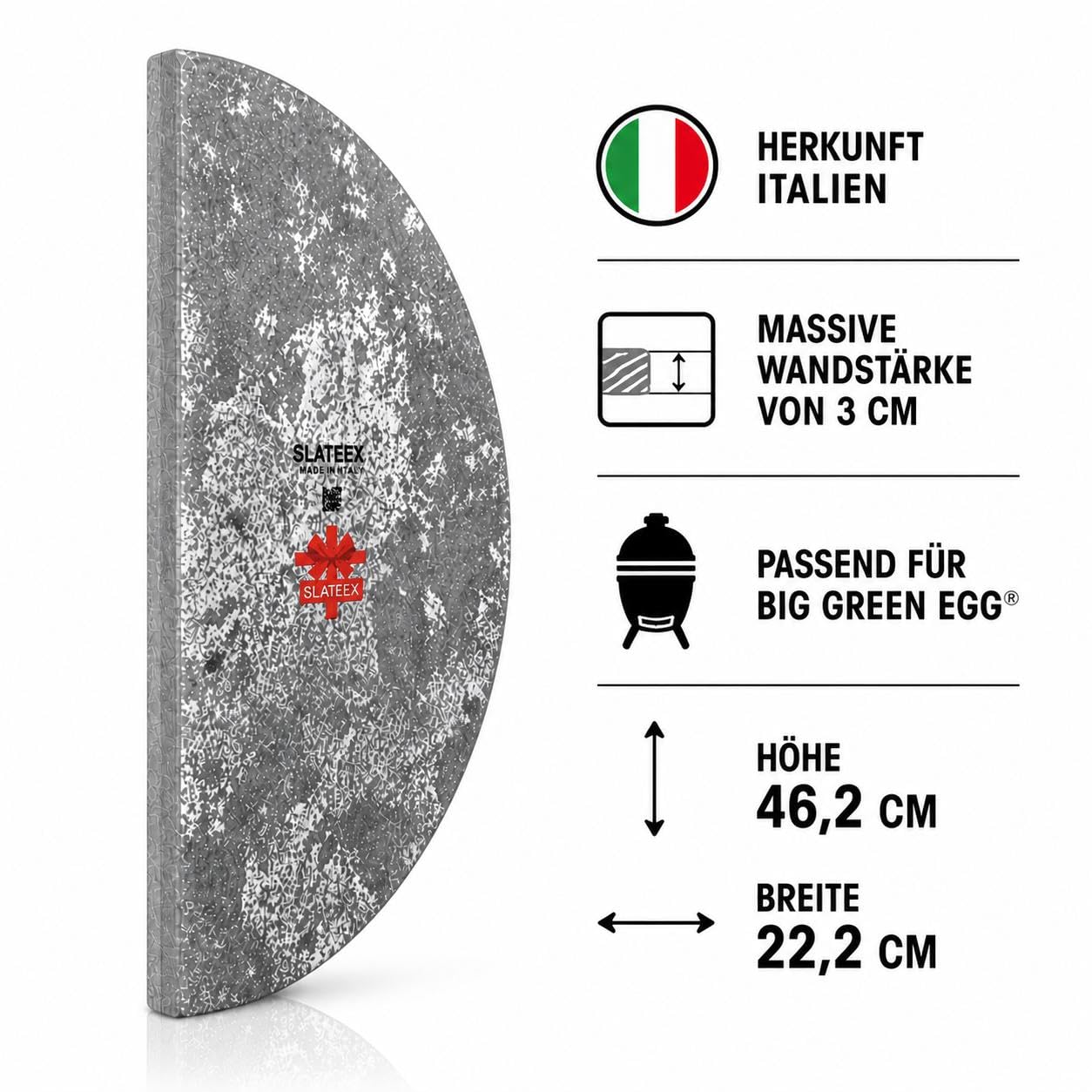 Piastra a mezzaluna in pietra ollare da 46,2 x 23 x 3 cm, grigio, per Monolith Icon, distribuzione uniforme del calore, carne, pesce e verdure