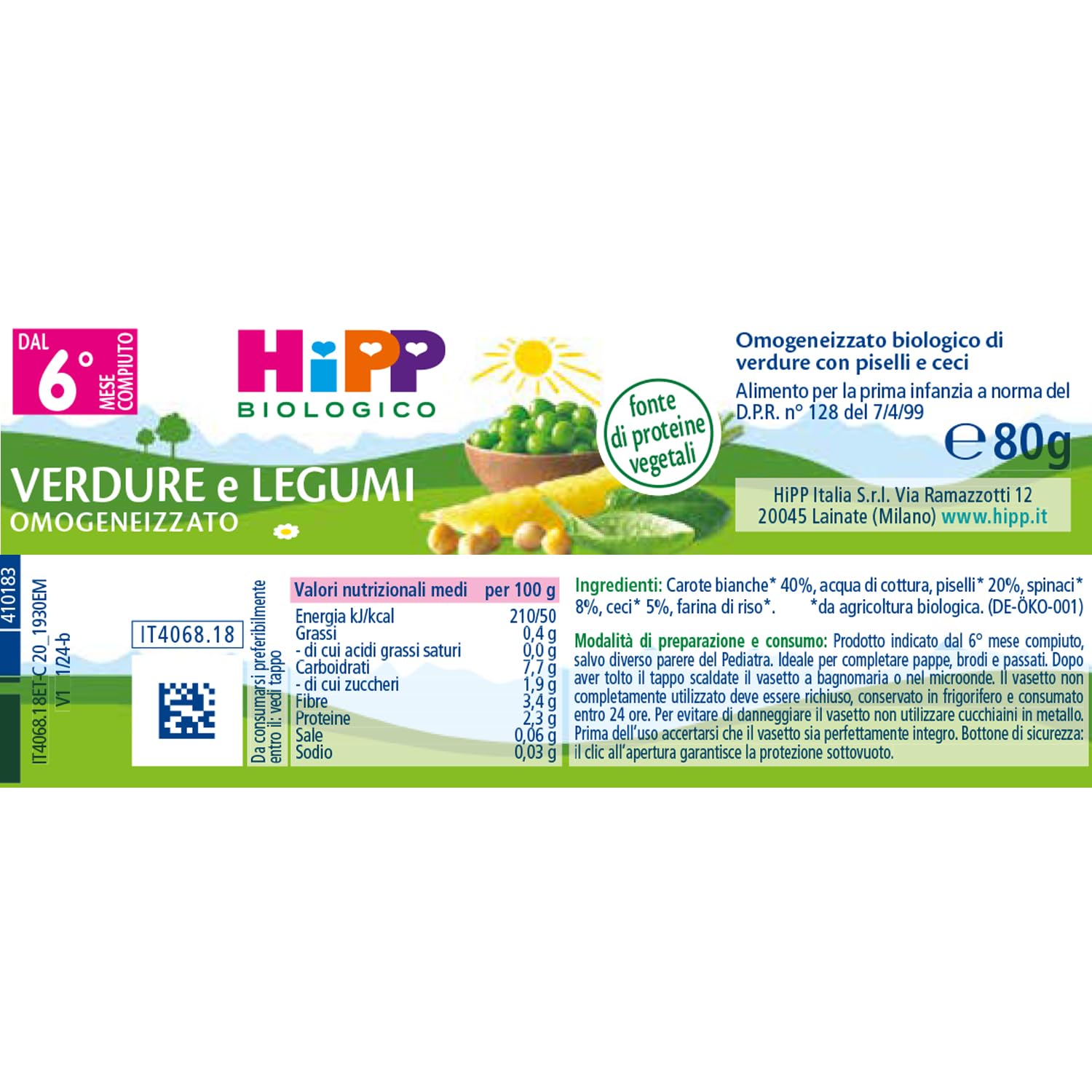 HiPP - Omogeneizzato Biologico per Neonati, Gusto Verdure e Legumi, Fonte di Proteine Vegetali, 24 Vasetti da 80 gr