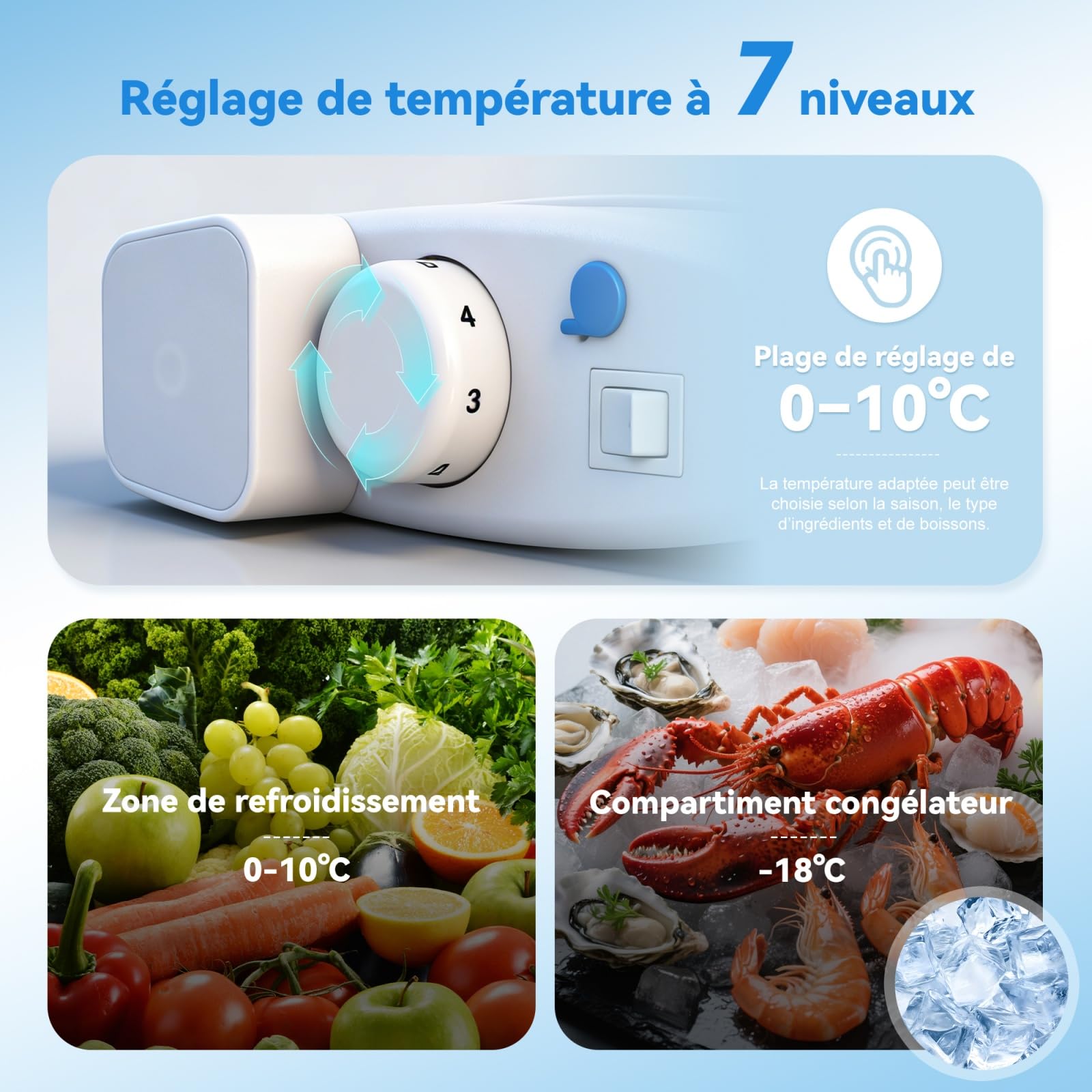Mini Frigo Congélateur Combiné 2 Portes 60 L Compact 41 cm (Jaune) | -18°C freezer, 45 dB silencieux, 7 niveaux 0-10°C, LED, étagères réglables, pour Chambre, Bureau et Salon, 41×45×89 cm