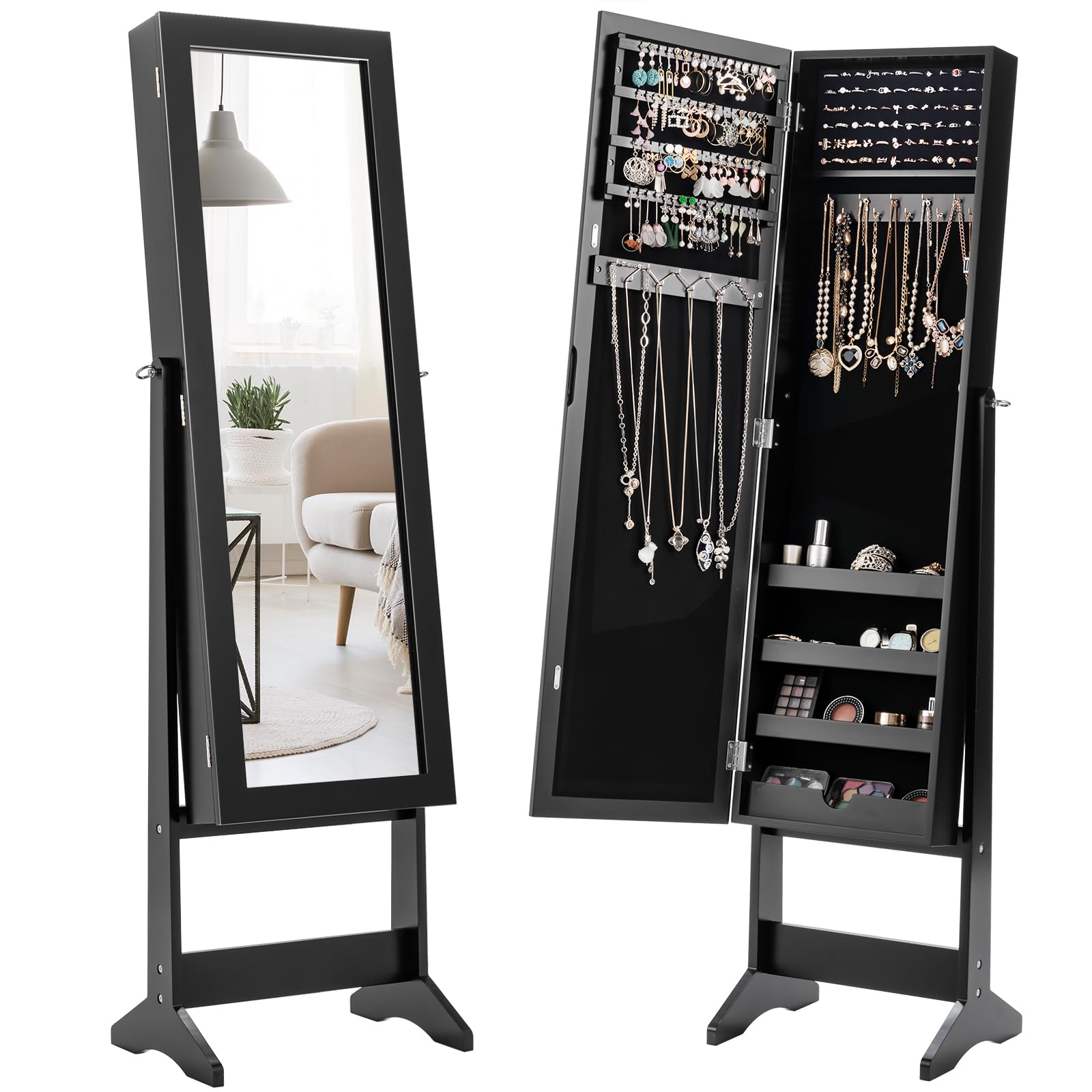 HOMASIS HOMASIS Armario para Joyas de Pie, espejo para joyas, soporte de suelo, con figura completa, mueble ajustable, organizador de maquillaje, muebles para collares, pendientes, 35 x 30 x 144 cm (negro)