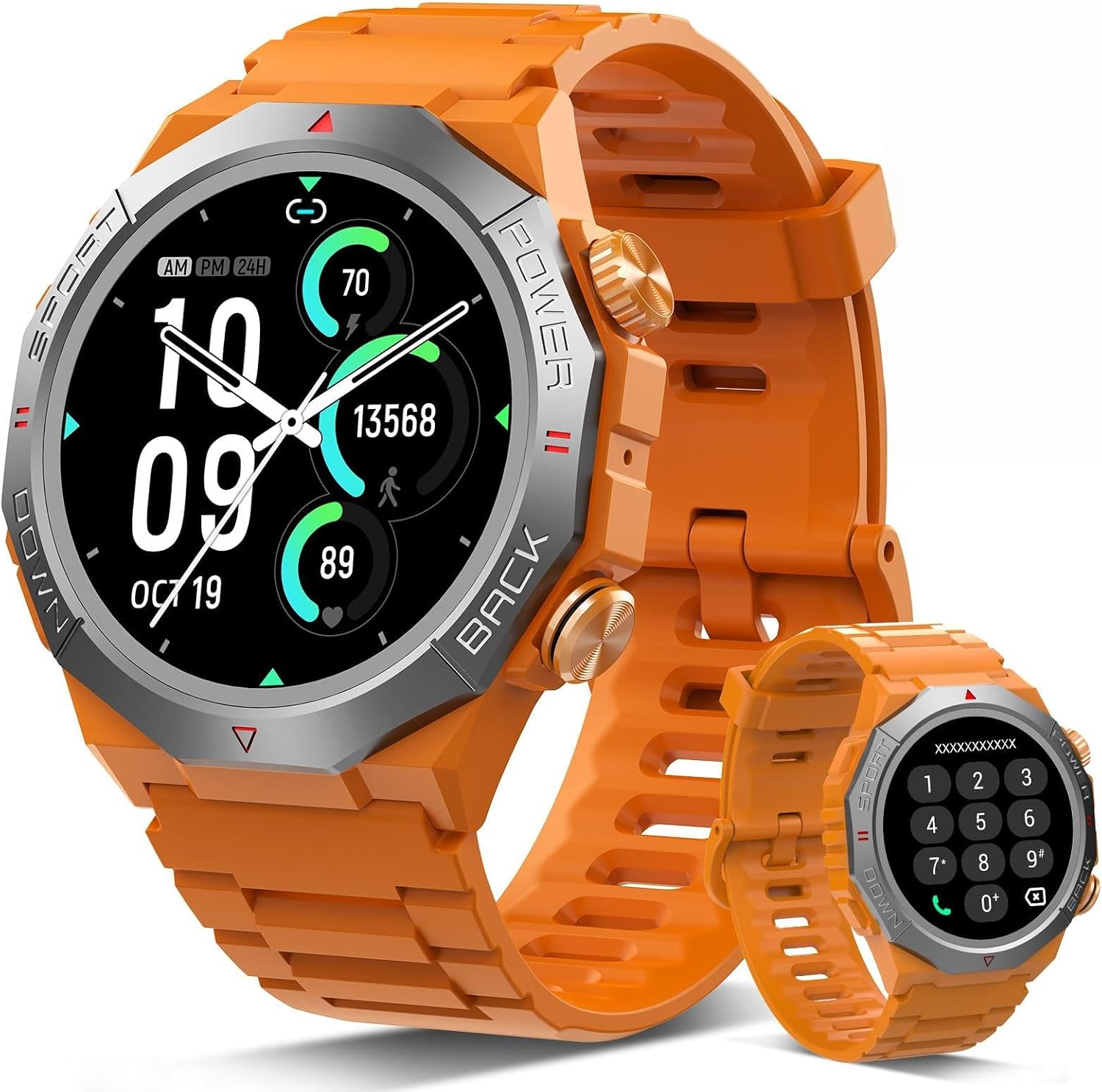 DDIDBI orange rugged smart watch for outdoor sports, highlighting the high-visibility silicone strap, waterproof IP68 build, and 110+ sports modes interface.