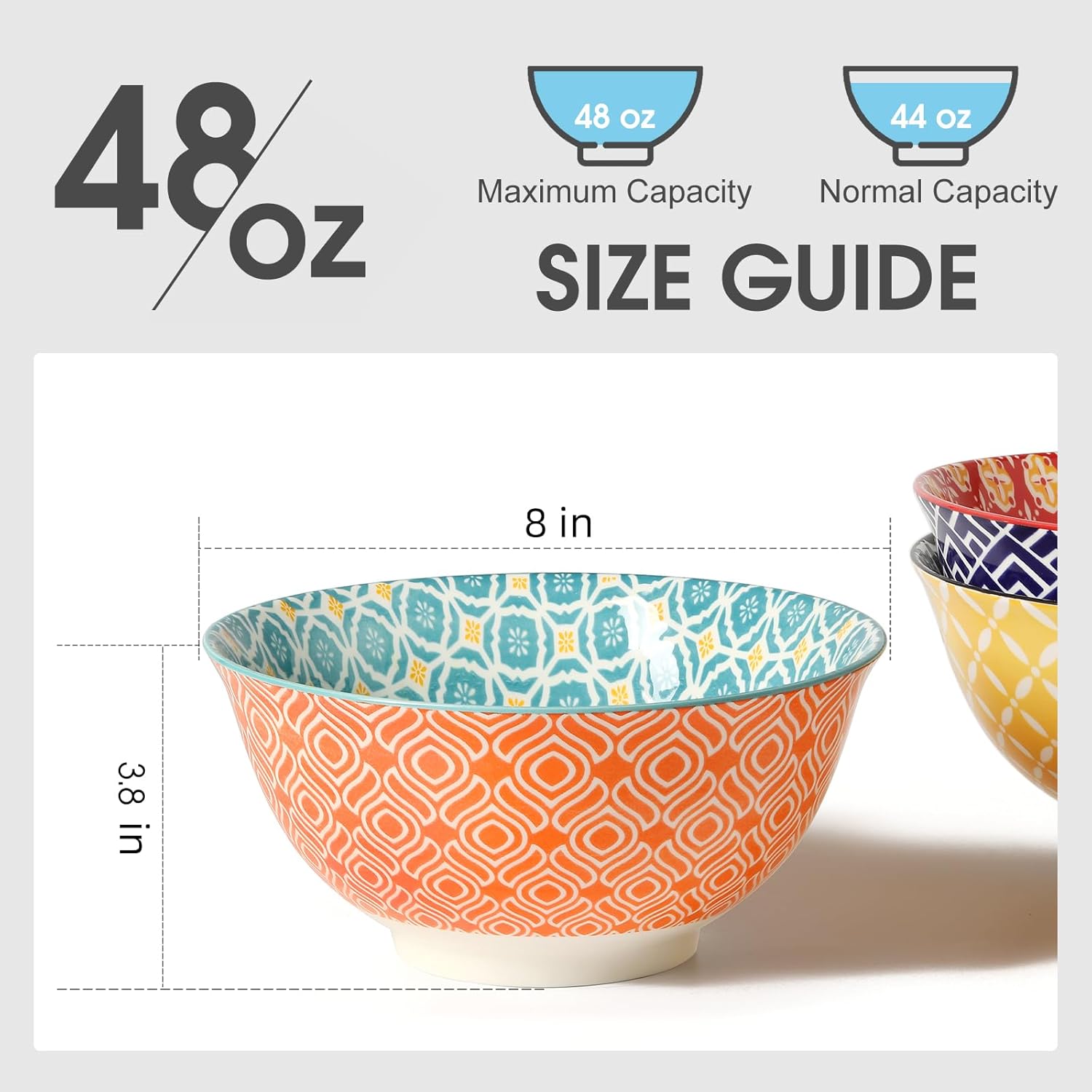 Metahom Large Salad Bowls, 48 Oz Serving Bowls for Soup, Pho, Pasta Rarmen, Stackable Ceramic Bowls for Kitchen, Set of 3, Microwave & Dishwasher Safe