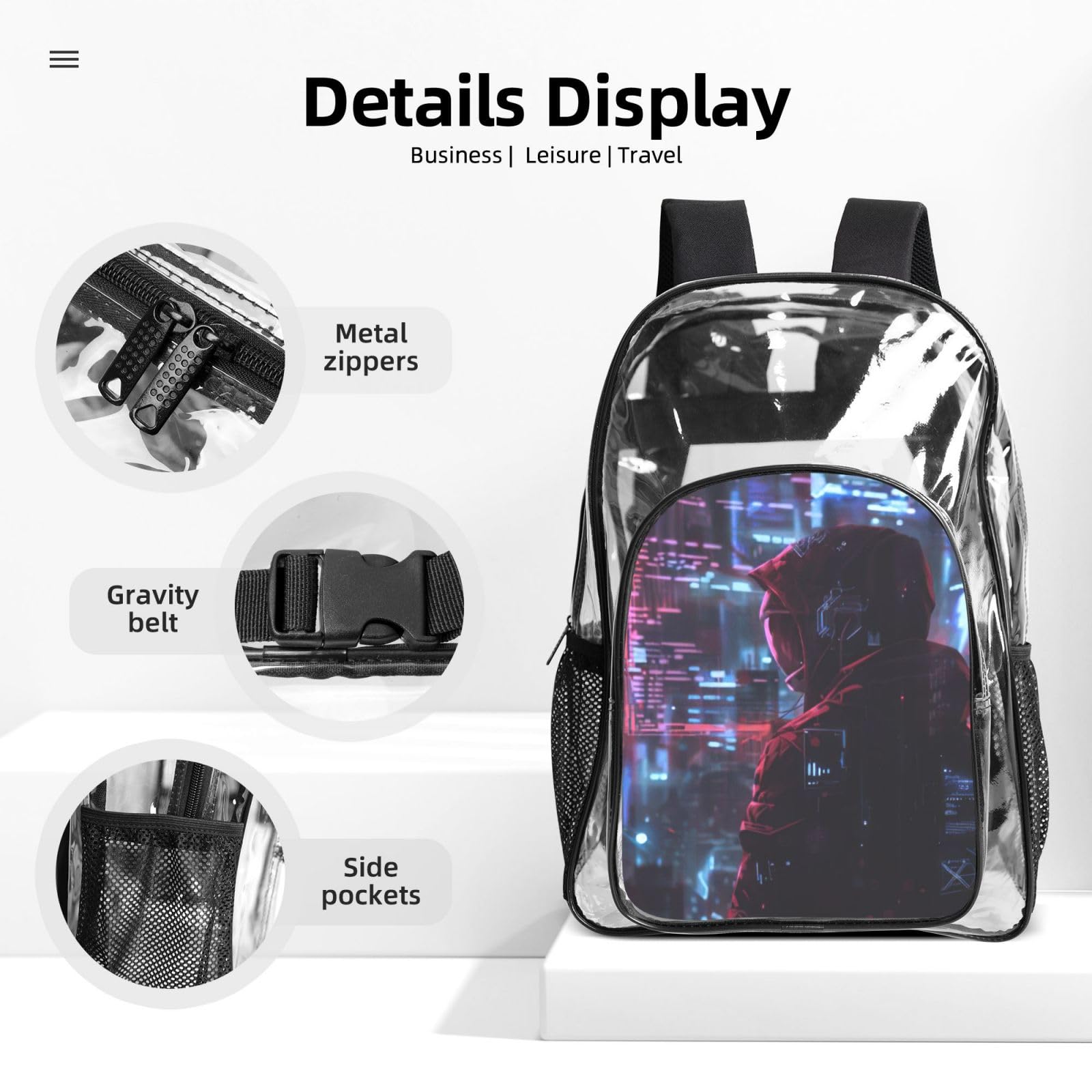 Hacker Era Print 3-teiliges transparentes Rucksack-Set für Reisen, Outdoor-Abenteuer, Urlaub, transparente Tasche