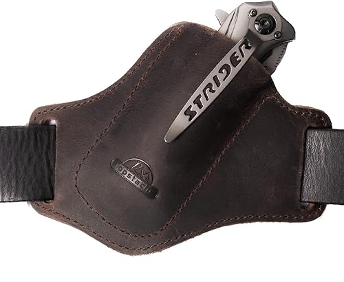 Vista 19 de Topstache Funda de cuero hecha a mano para cinturón, cinturón EDC, plegable, para hombre, dibujo cruzado, lado izquierdo, parte superior abierta