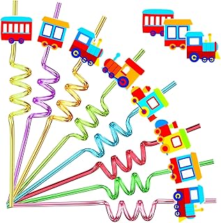 24 Pack Train Theme Shaped Straws - Reusable Plastic Straws with Cartoon Decoration - Kids Party Supplies - Birthday Party Favors with 2 Cleaning Brushes